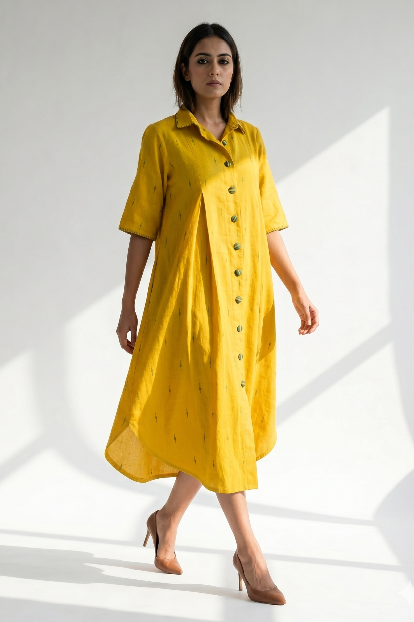Mustard With Meadow Plus Motifs Cotton Box Pleat Button Down Shirt Dress