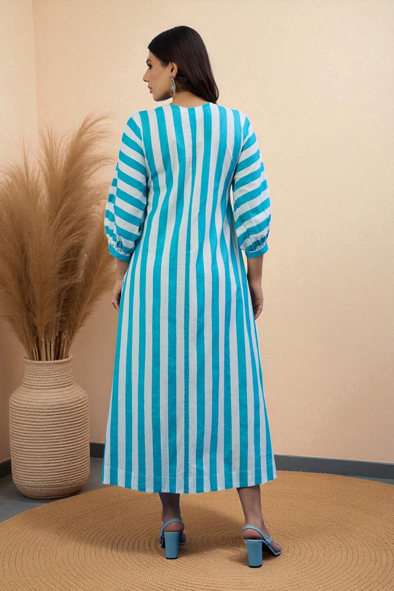 Maati Craft Gulabi Sky Stripes V-Neck Cotton Midi Dress with Elevated Sleeves