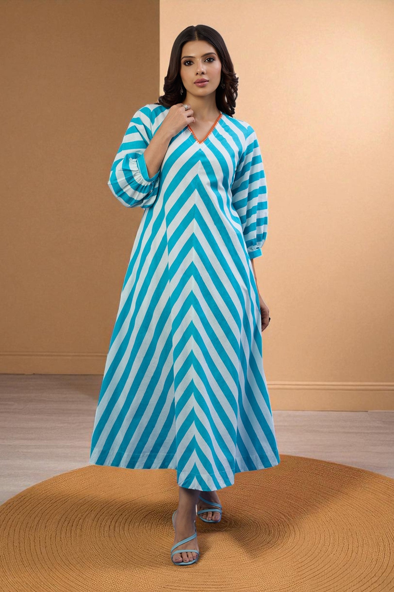 Maati Craft Gulabi Sky Stripes V-Neck Cotton Midi Dress with Elevated Sleeves