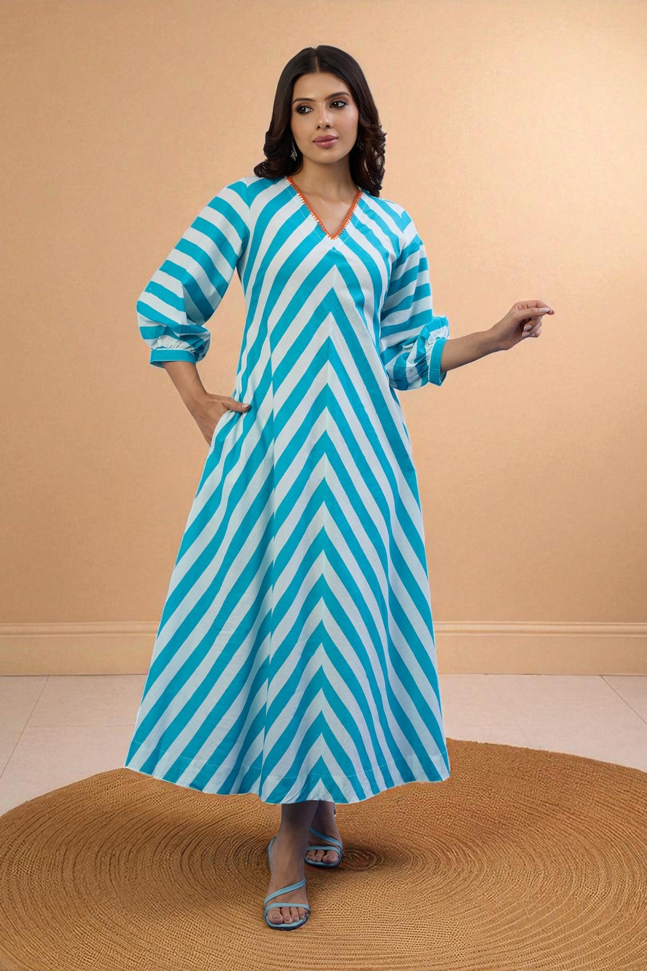 Maati Craft Gulabi Sky Stripes V-Neck Cotton Midi Dress with Elevated Sleeves