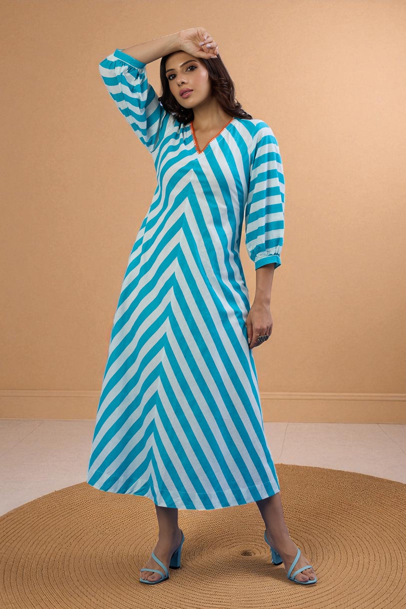 Maati Craft Gulabi Sky Stripes V-Neck Cotton Midi Dress with Elevated Sleeves