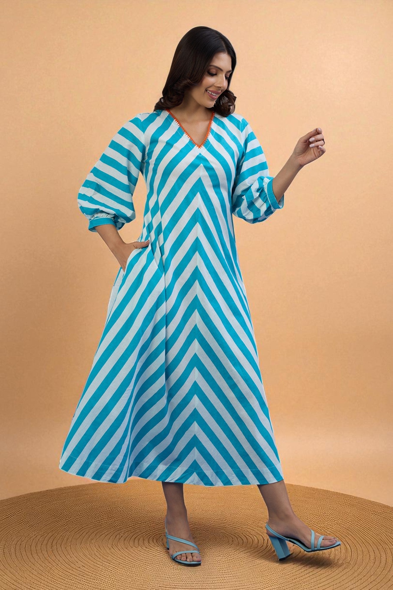 Maati Craft Gulabi Sky Stripes V-Neck Cotton Midi Dress with Elevated Sleeves