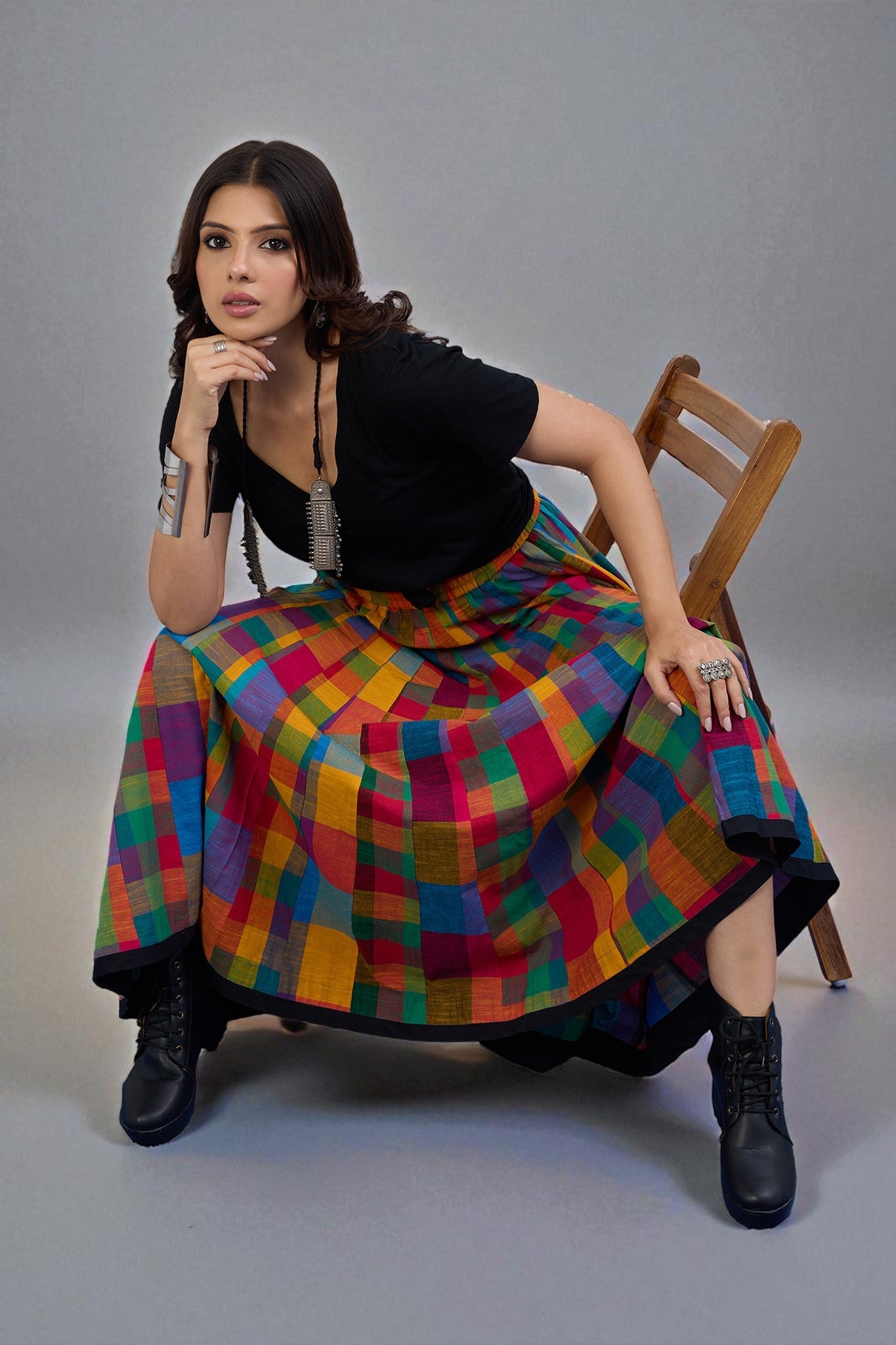 Maati Craft Gulabi Bold Prism Panelled Cotton Swirl Skirt