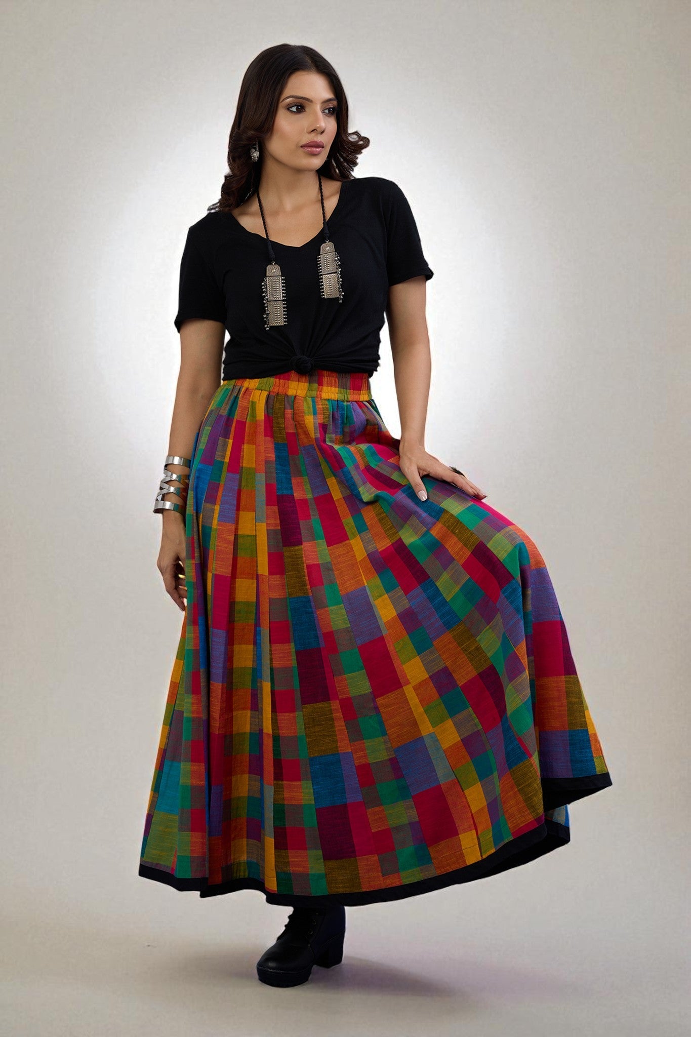 Maati Craft Gulabi Bold Prism Panelled Cotton Swirl Skirt
