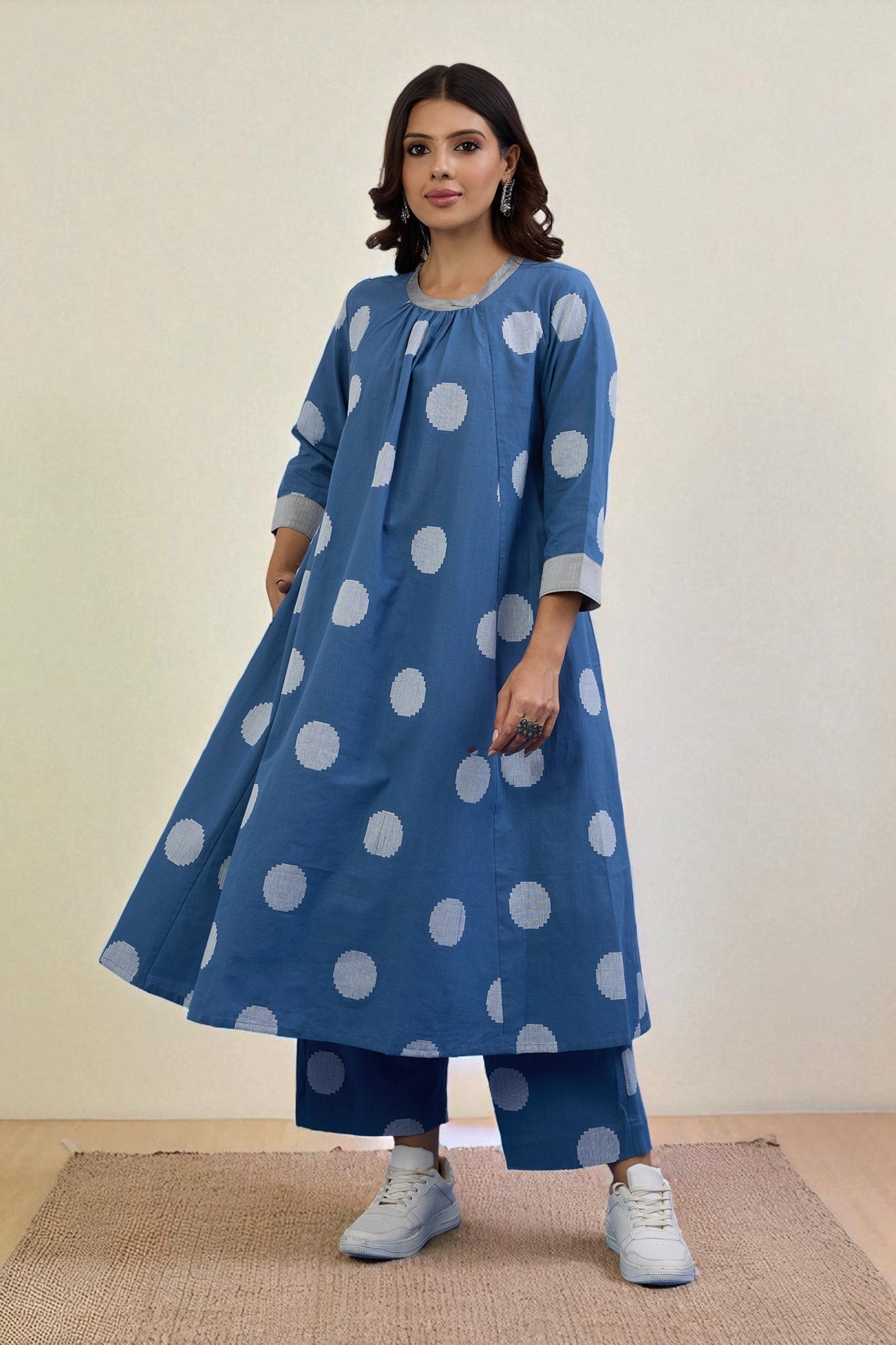 Maati Craft Gulabi Set of 2 : Co-ord Set Sky Dots Cotton Crew Neck Gather Dress & Pants
