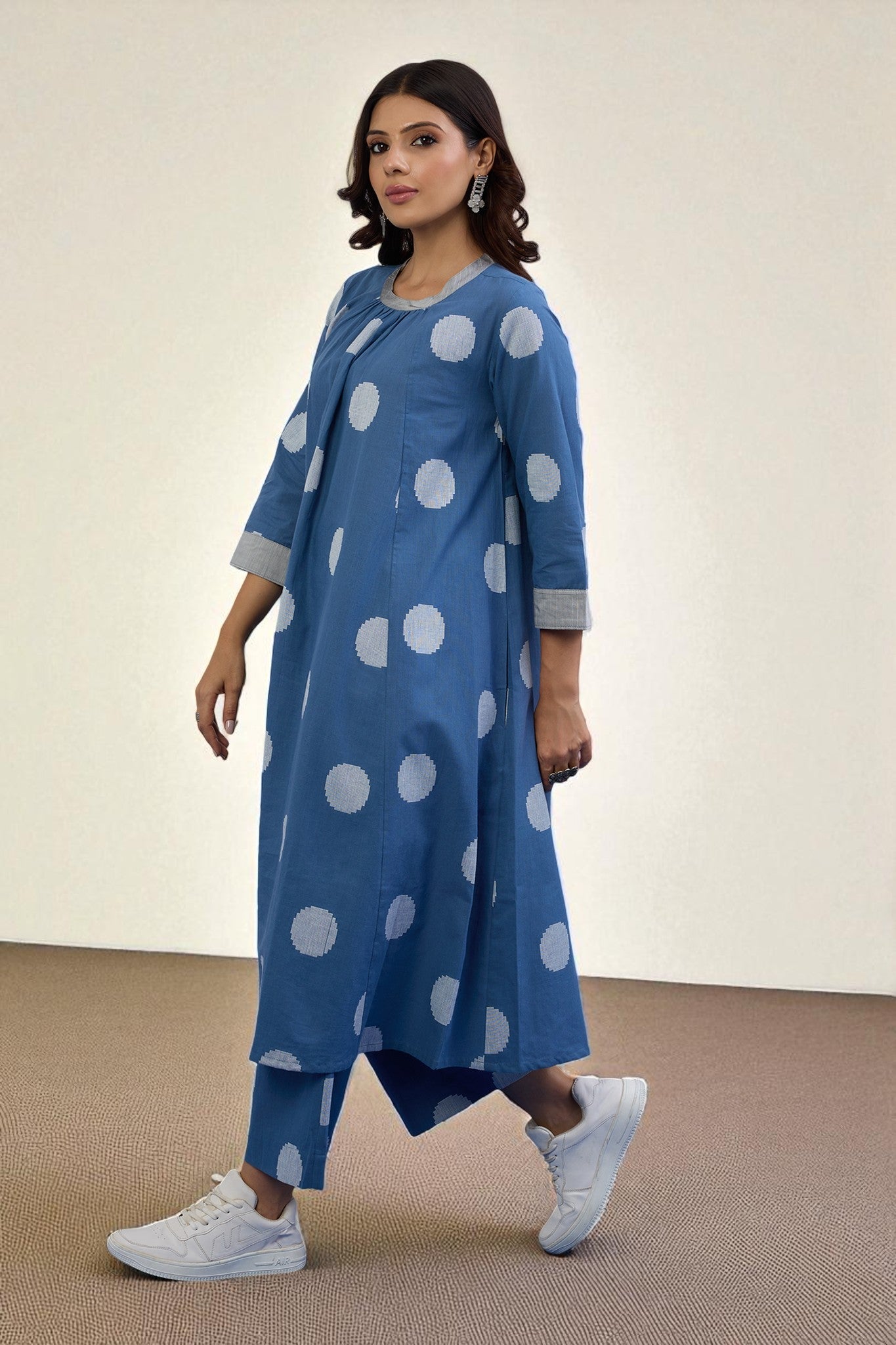 Maati Craft Gulabi Set of 2 : Co-ord Set Sky Dots Cotton Crew Neck Gather Dress & Pants