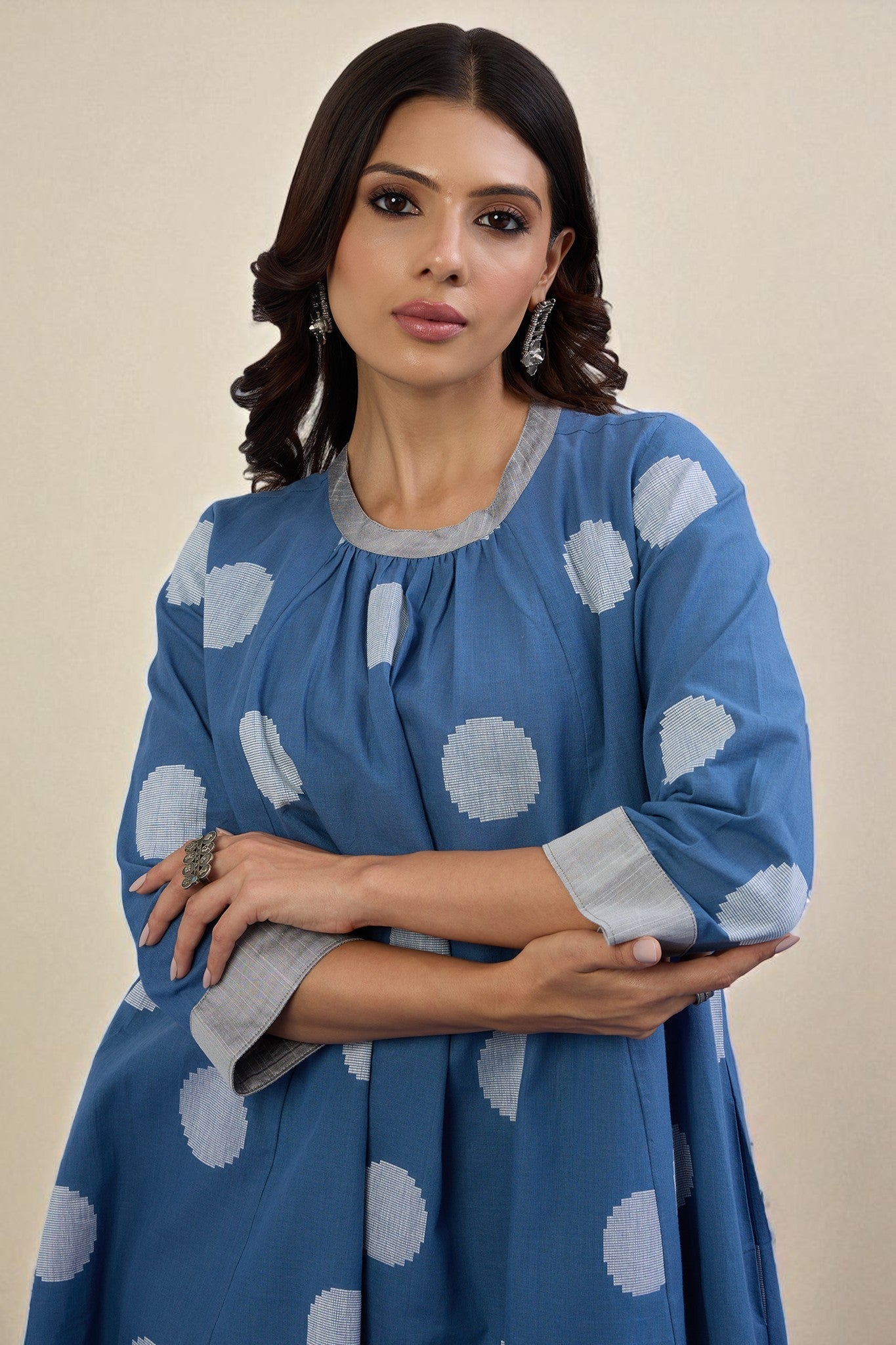 Maati Craft Gulabi Set of 2 : Co-ord Set Sky Dots Cotton Crew Neck Gather Dress & Pants