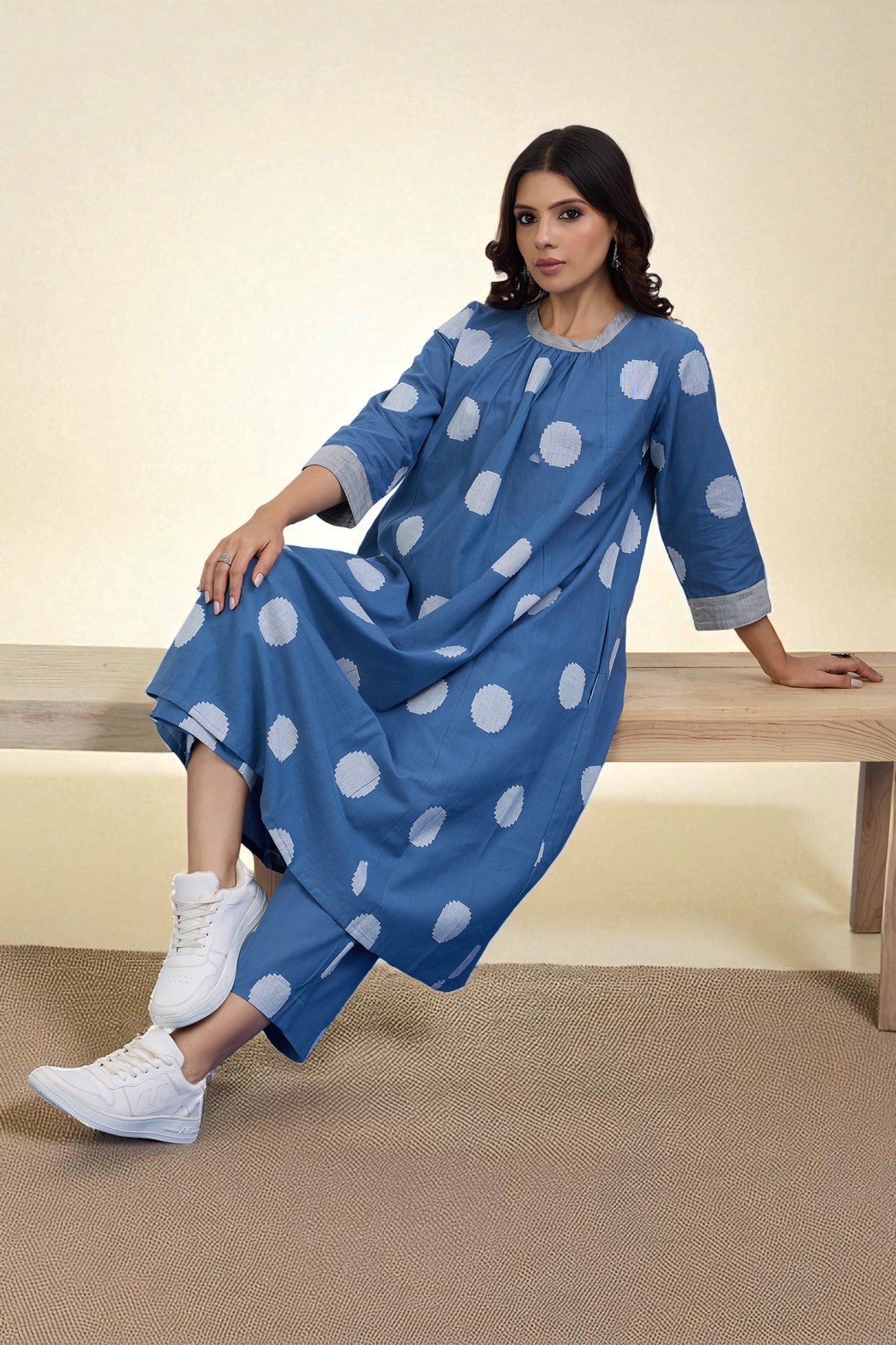 Maati Craft Gulabi Set of 2 : Co-ord Set Sky Dots Cotton Crew Neck Gather Dress & Pants