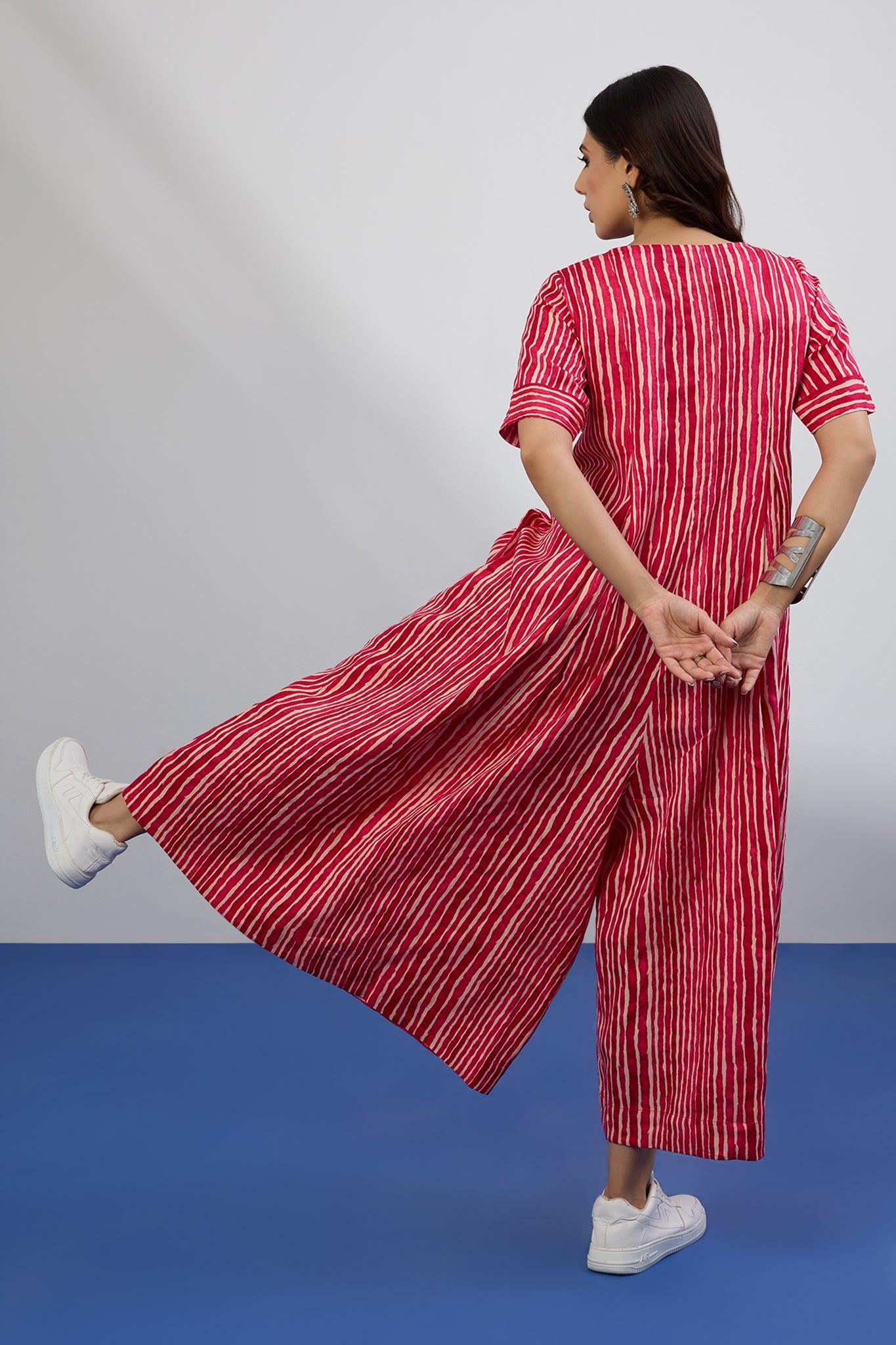Candy Stripes Jumpsuit With Pockets & Sleeves