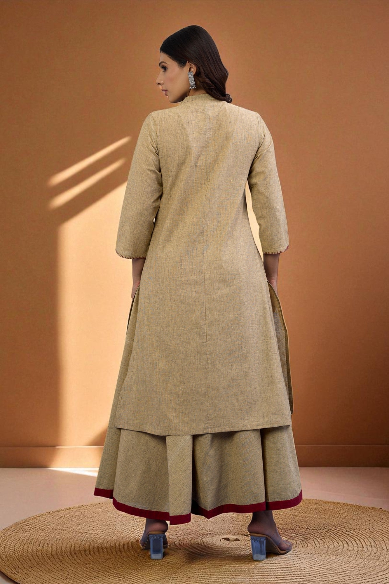 Maati Craft Gulabi Set of 2: Co-ord Set Sandstone Whisper Cotton Button Down Kurta with Flared Skirt