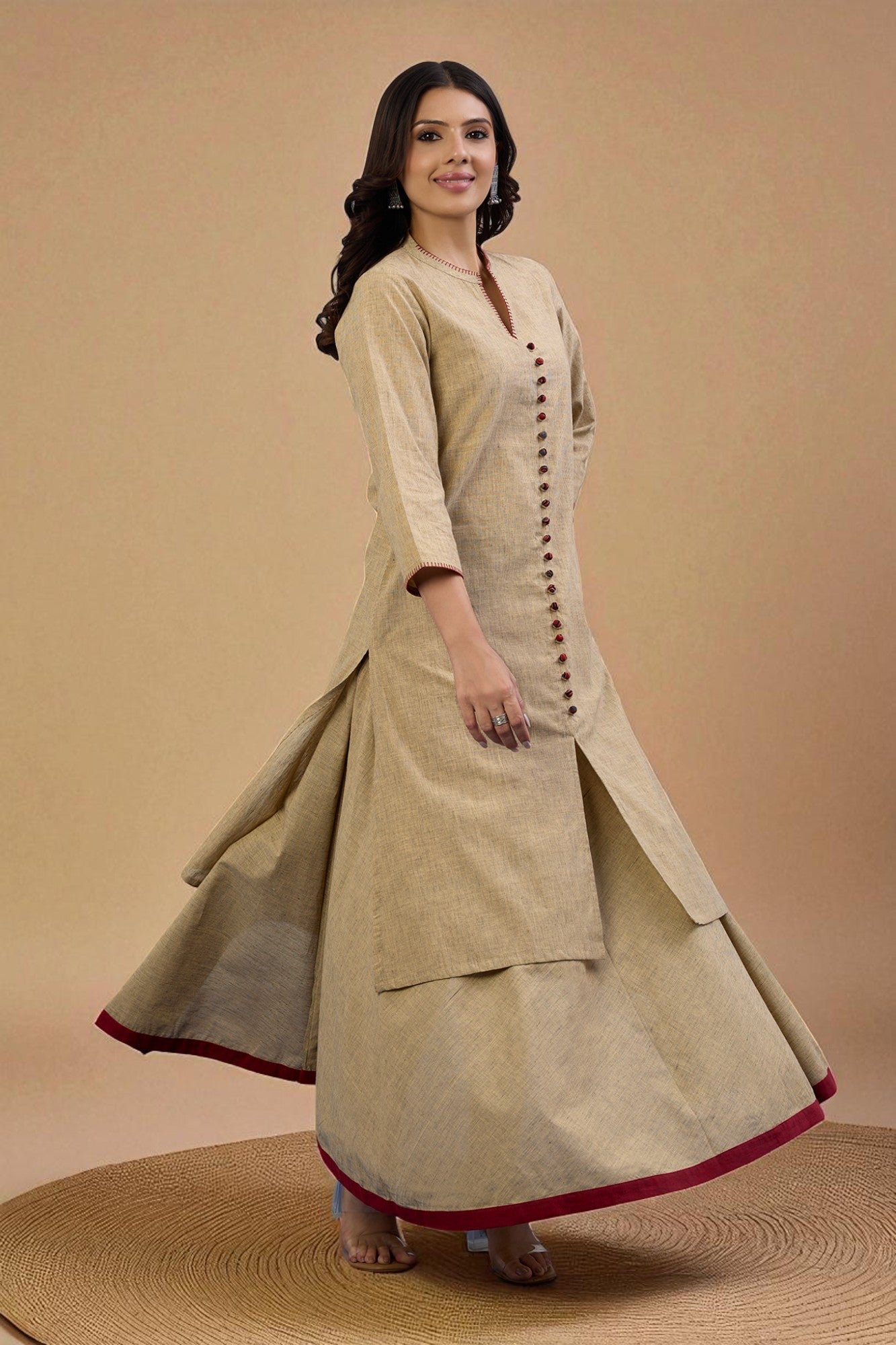 Maati Craft Gulabi Set of 2: Co-ord Set Sandstone Whisper Cotton Button Down Kurta with Flared Skirt