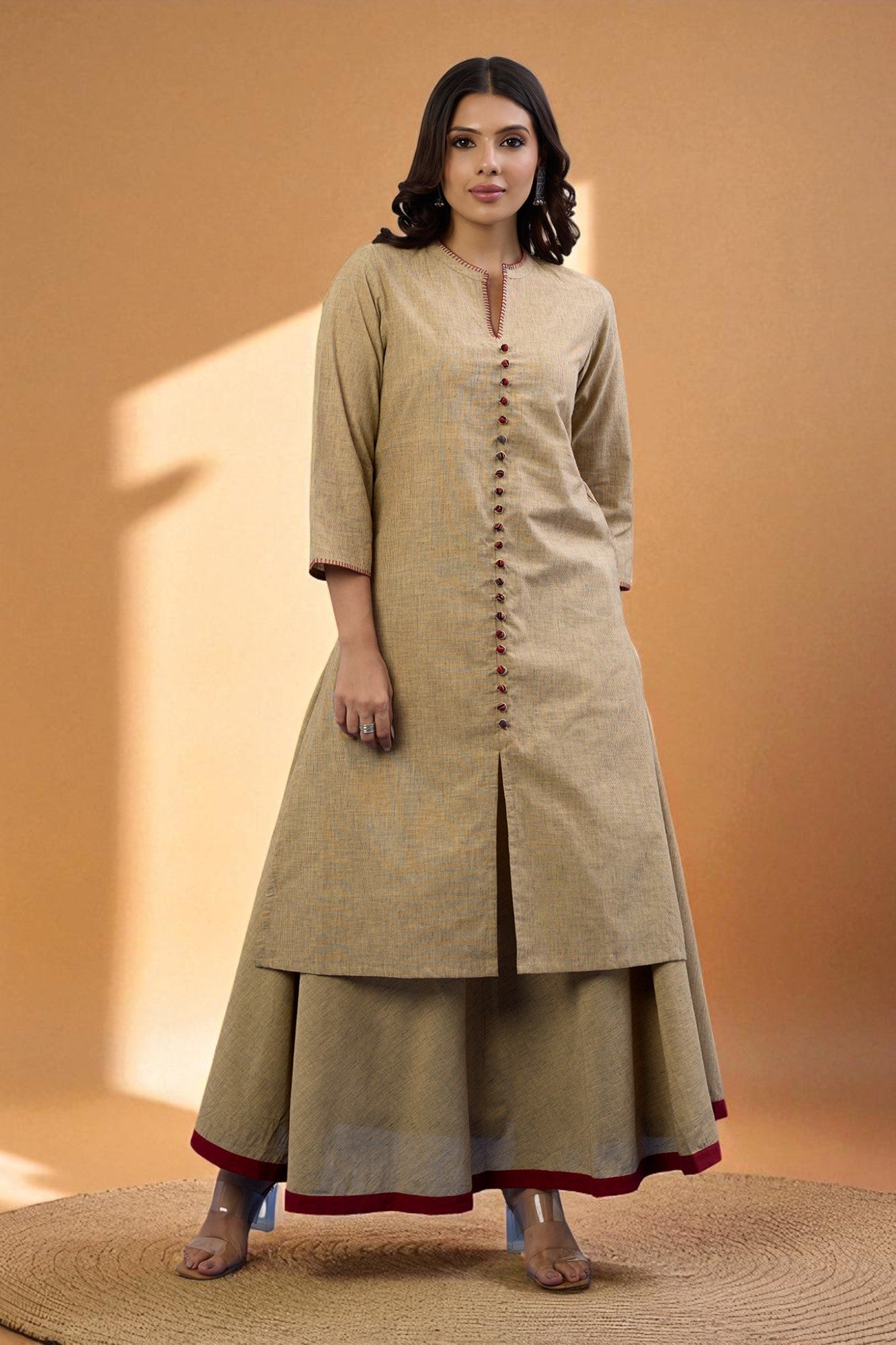 Maati Craft Gulabi Set of 2: Co-ord Set Sandstone Whisper Cotton Button Down Kurta with Flared Skirt