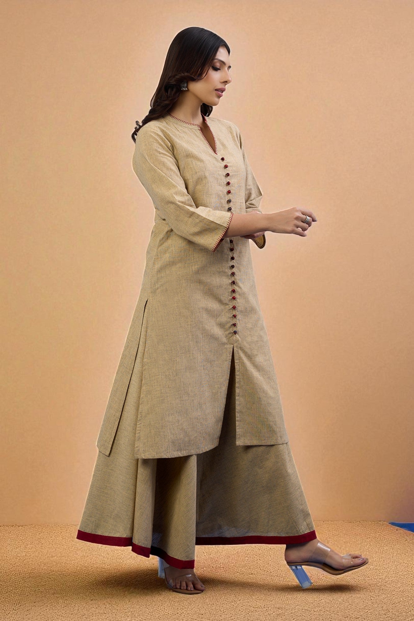 Maati Craft Gulabi Set of 2: Co-ord Set Sandstone Whisper Cotton Button Down Kurta with Flared Skirt