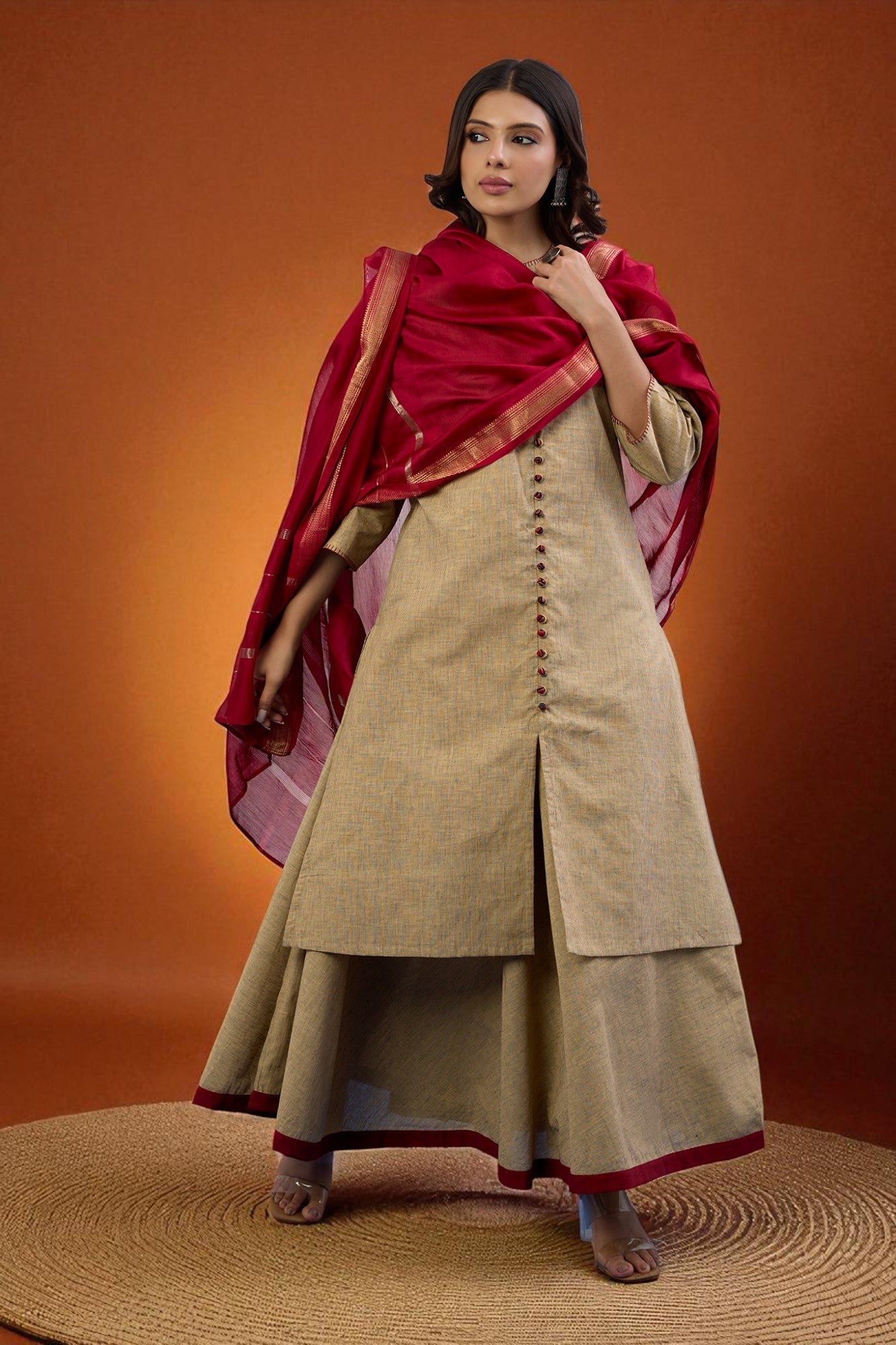 Maati Craft Gulabi Set of 2: Co-ord Set Sandstone Whisper Cotton Button Down Kurta with Flared Skirt