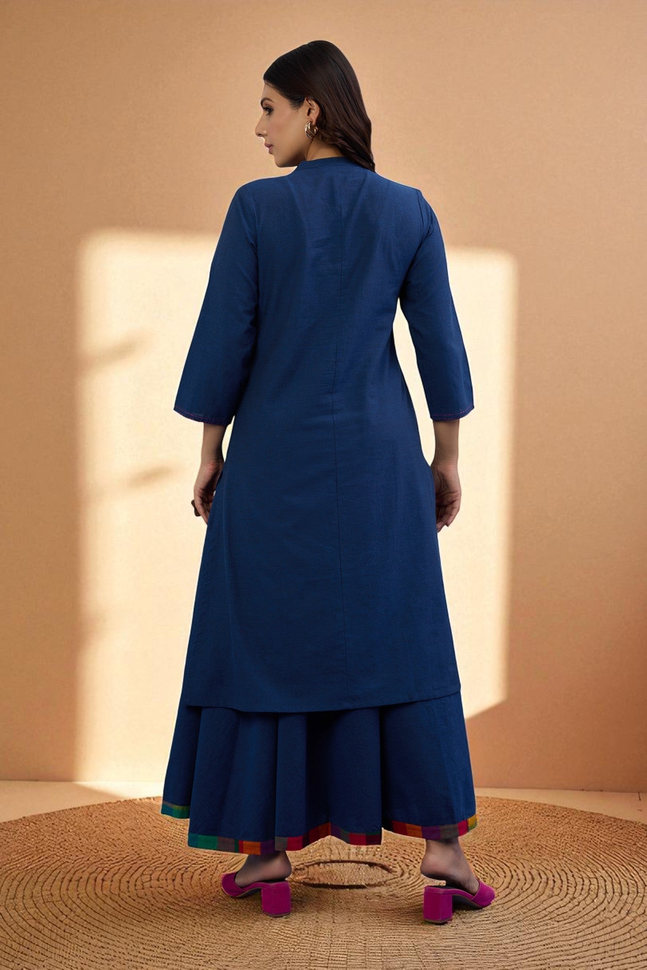 Maati Craft Gulabi Set of 2: Co-ord Set Midnight Blue Cotton Button Down Kurta with Flared Skirt