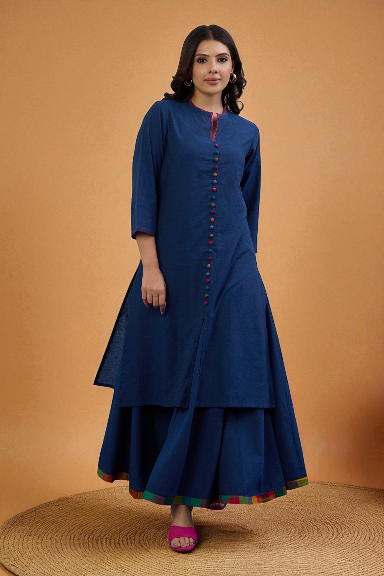 Maati Craft Gulabi Set of 2: Co-ord Set Midnight Blue Cotton Button Down Kurta with Flared Skirt