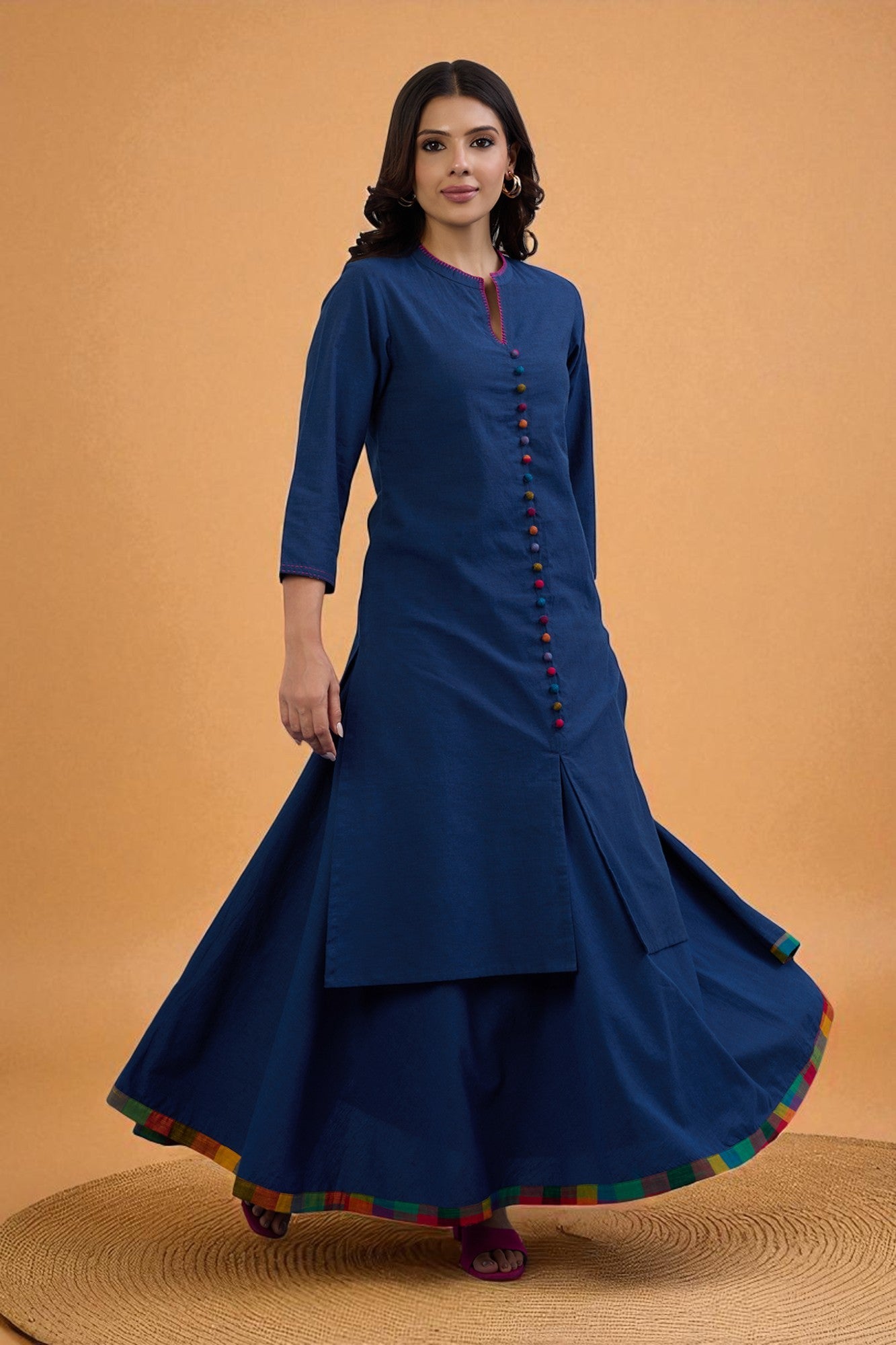 Maati Craft Gulabi Set of 2: Co-ord Set Midnight Blue Cotton Button Down Kurta with Flared Skirt