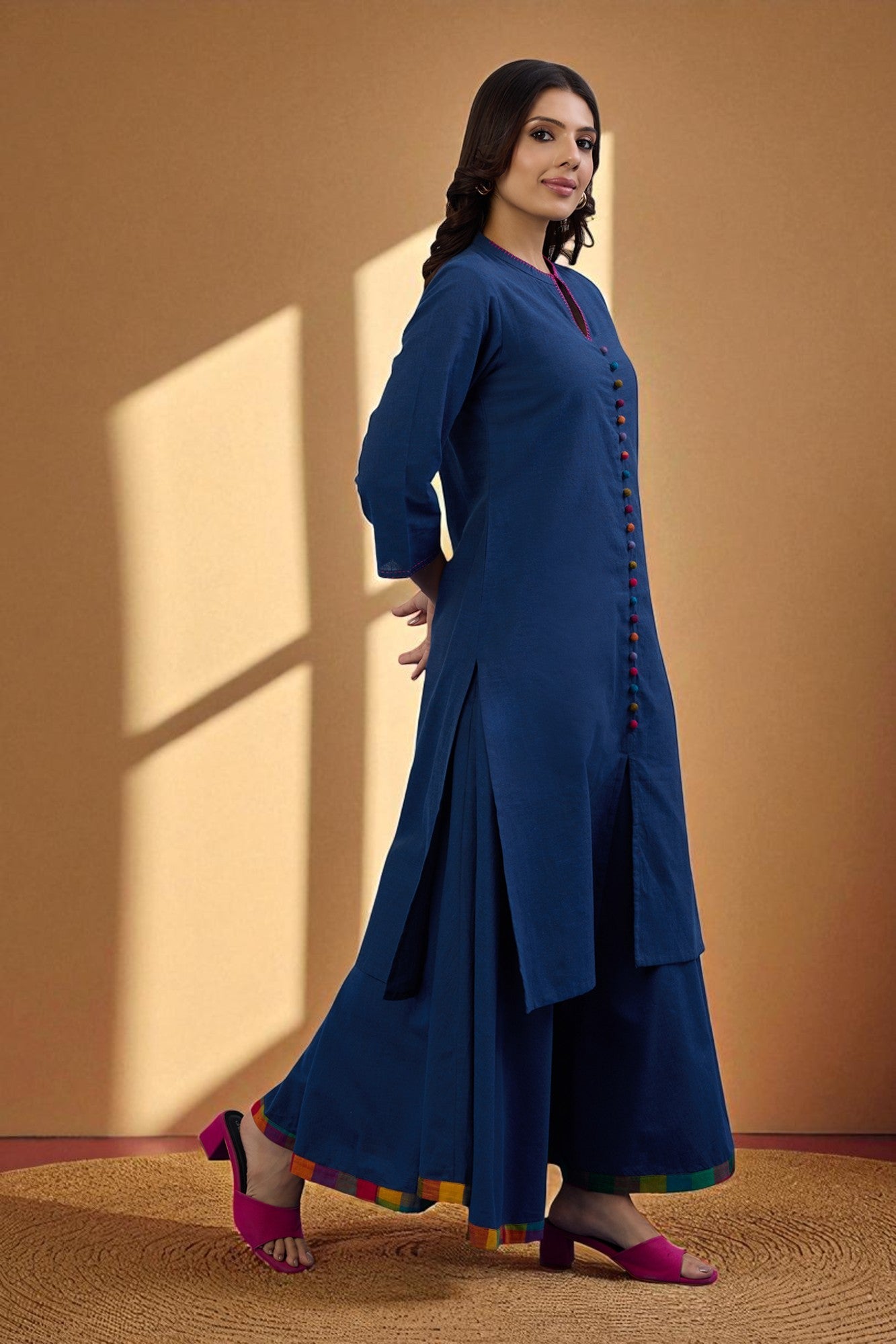 Maati Craft Gulabi Set of 2: Co-ord Set Midnight Blue Cotton Button Down Kurta with Flared Skirt