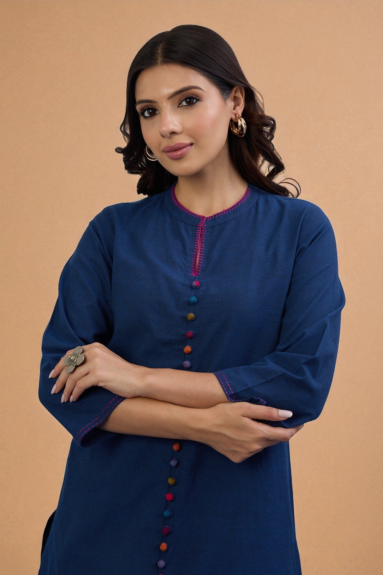 Maati Craft Gulabi Set of 2: Co-ord Set Midnight Blue Cotton Button Down Kurta with Flared Skirt