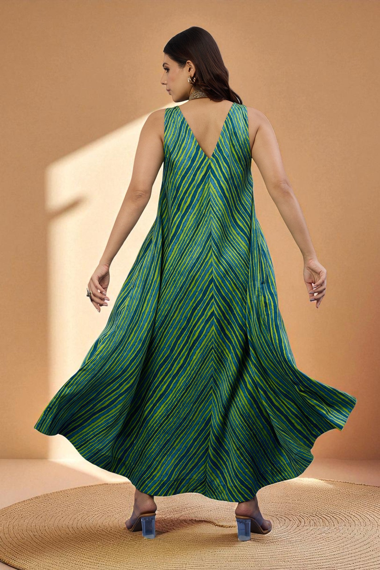 Maati Craft Gulabi Emerald Wave Sleeveless Strap Satin Cotton Flared Bias Dress