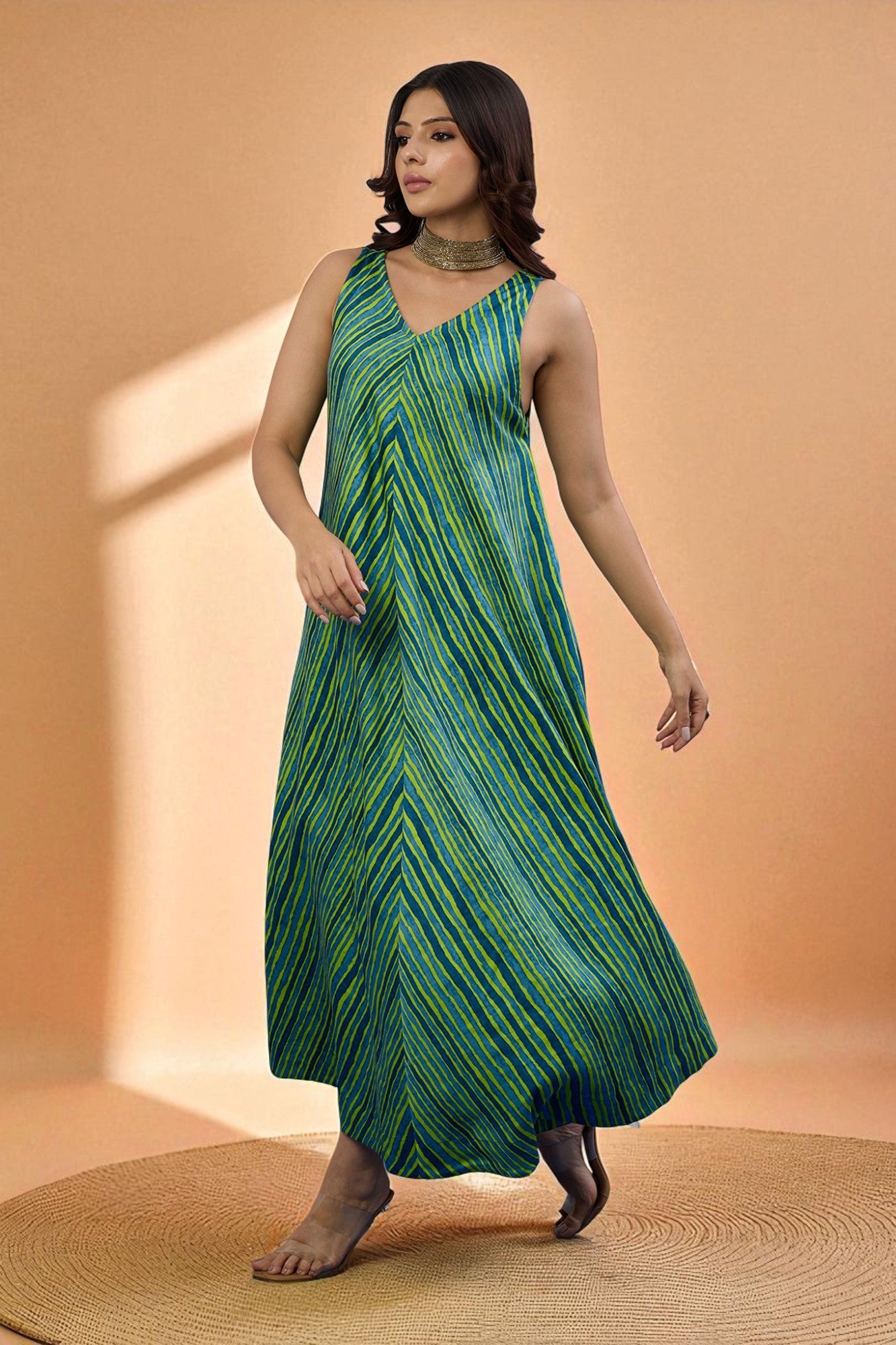 Maati Craft Gulabi Emerald Wave Sleeveless Strap Satin Cotton Flared Bias Dress