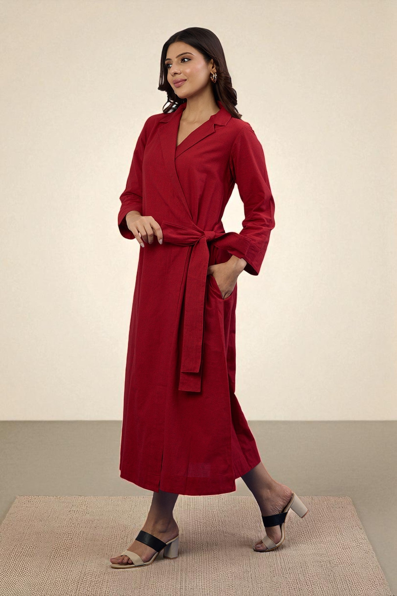 Maati Craft Gulabi Scarlet Charm South Cotton Trench Belt Dress