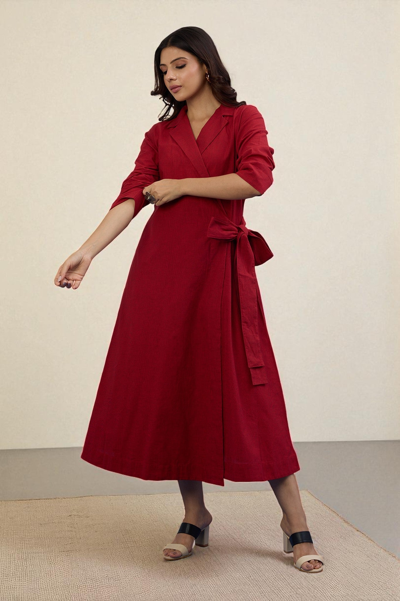 Maati Craft Gulabi Scarlet Charm South Cotton Trench Belt Dress