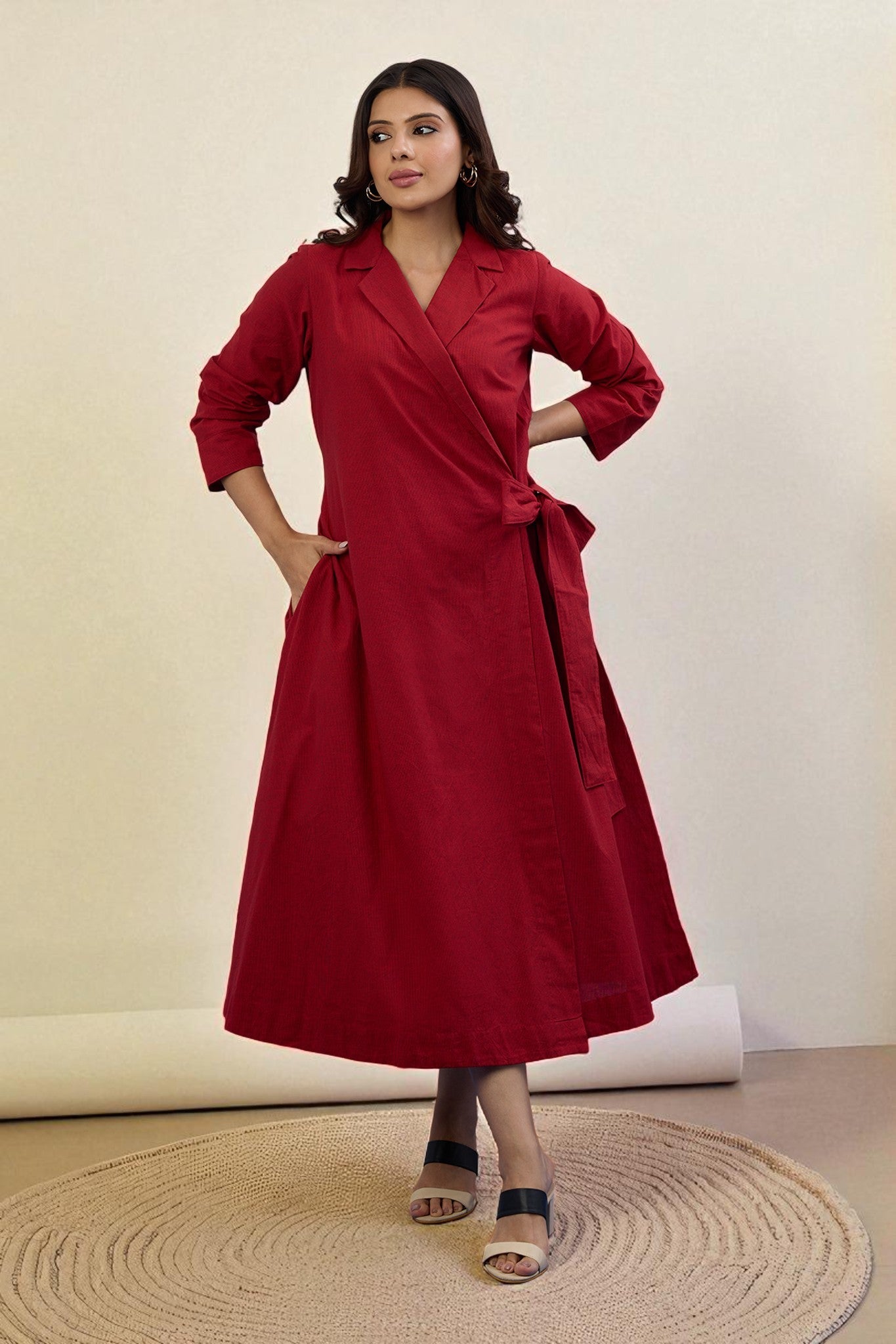 Maati Craft Gulabi Scarlet Charm South Cotton Trench Belt Dress