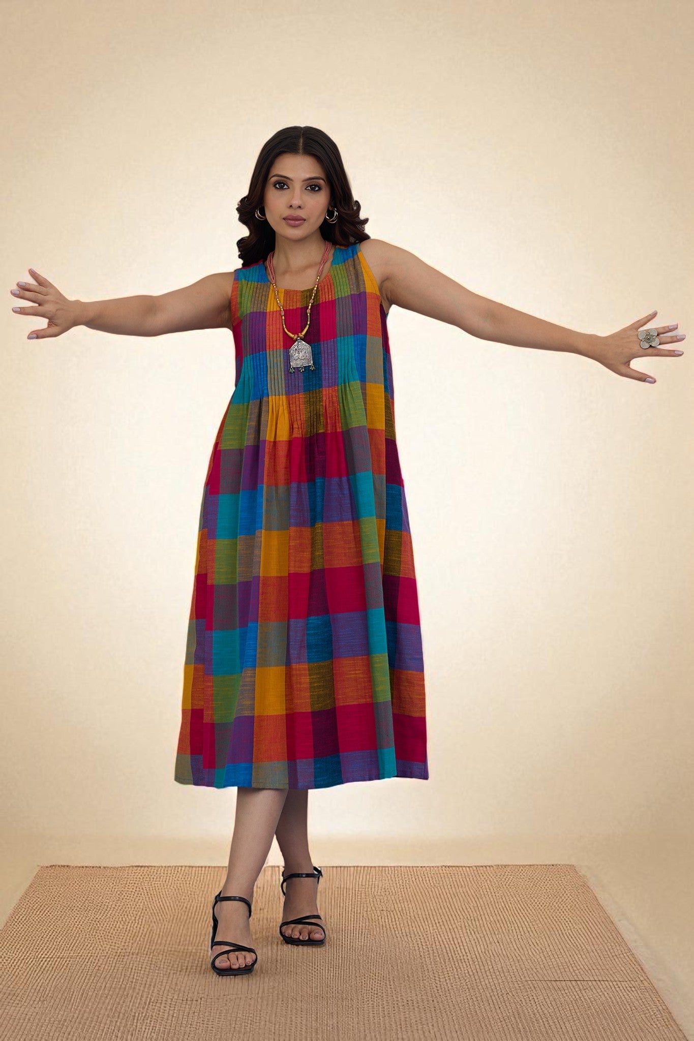 Maati Craft Gulabi Colorburst Plaid Madras Cotton Pintuck Sleeveless Dress
