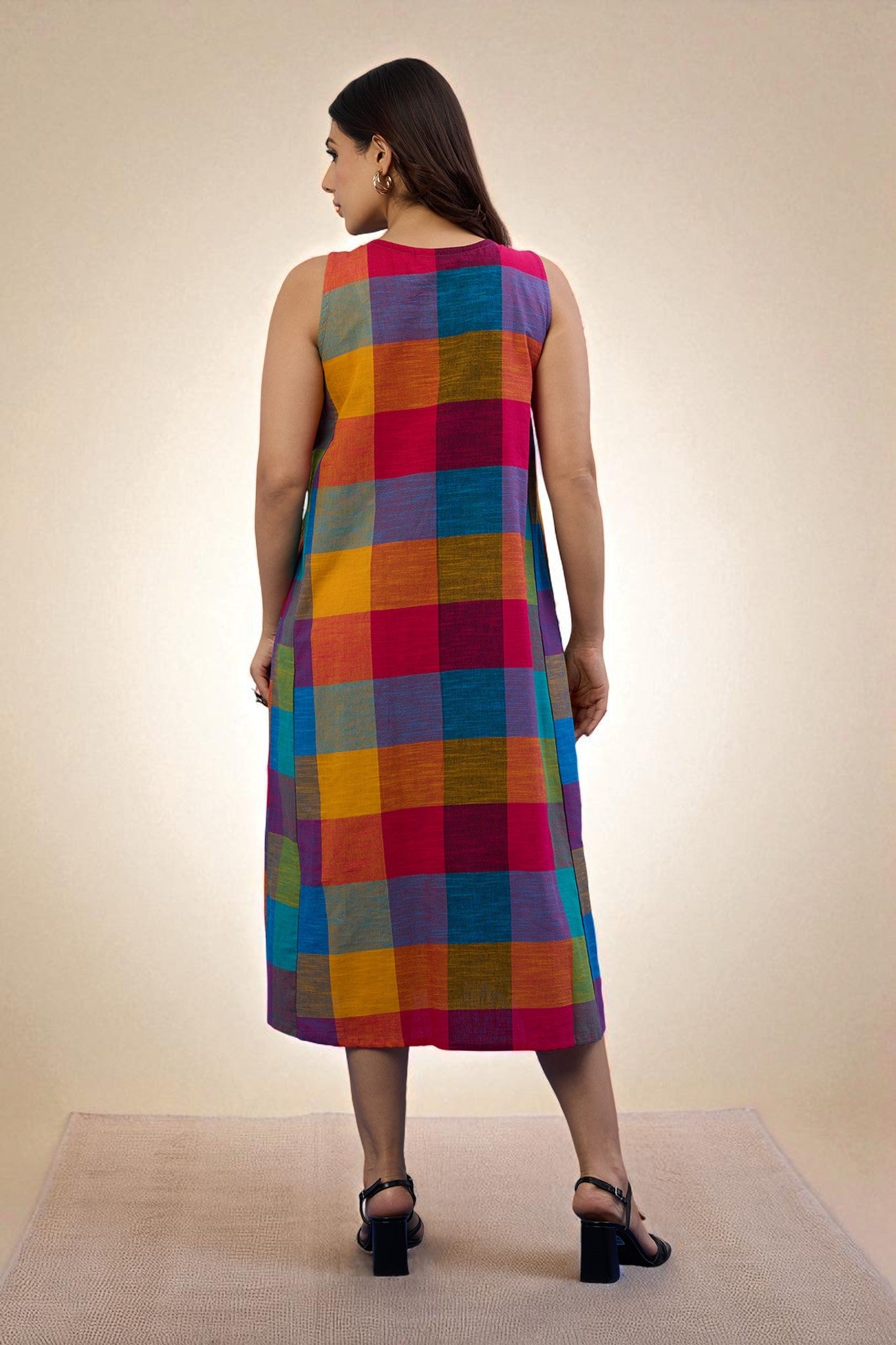 Maati Craft Gulabi Colorburst Plaid Madras Cotton Pintuck Sleeveless Dress