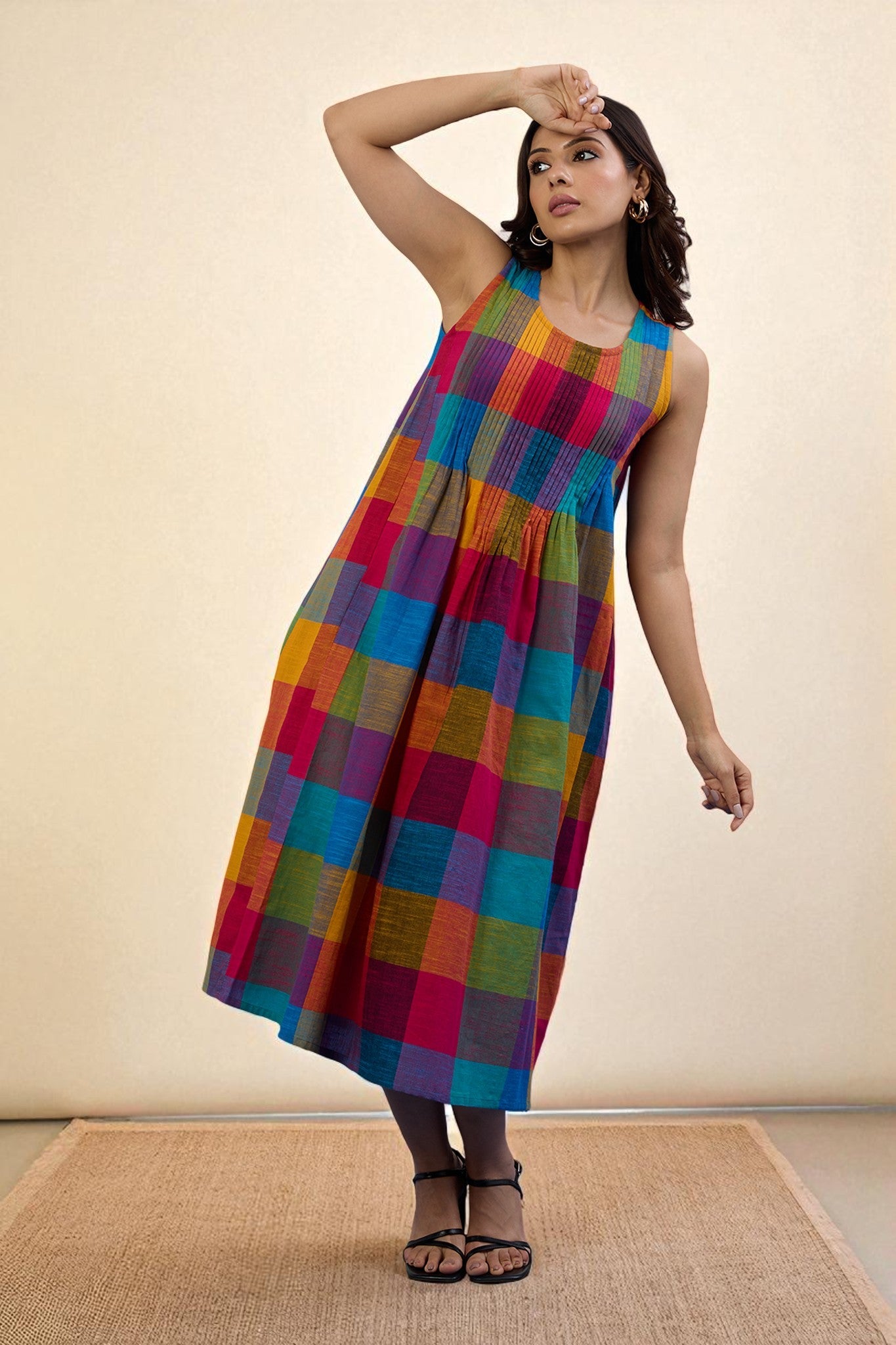 Maati Craft Gulabi Colorburst Plaid Madras Cotton Pintuck Sleeveless Dress