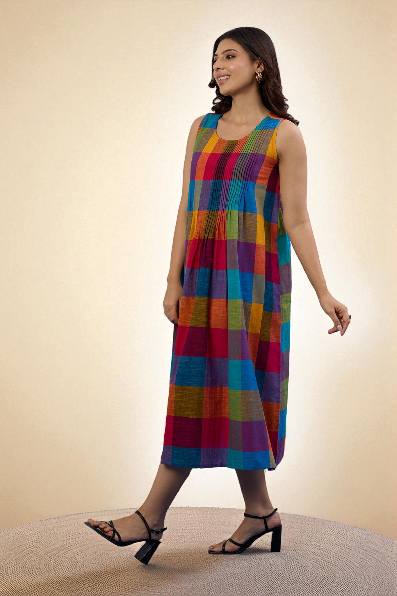 Maati Craft Gulabi Colorburst Plaid Madras Cotton Pintuck Sleeveless Dress