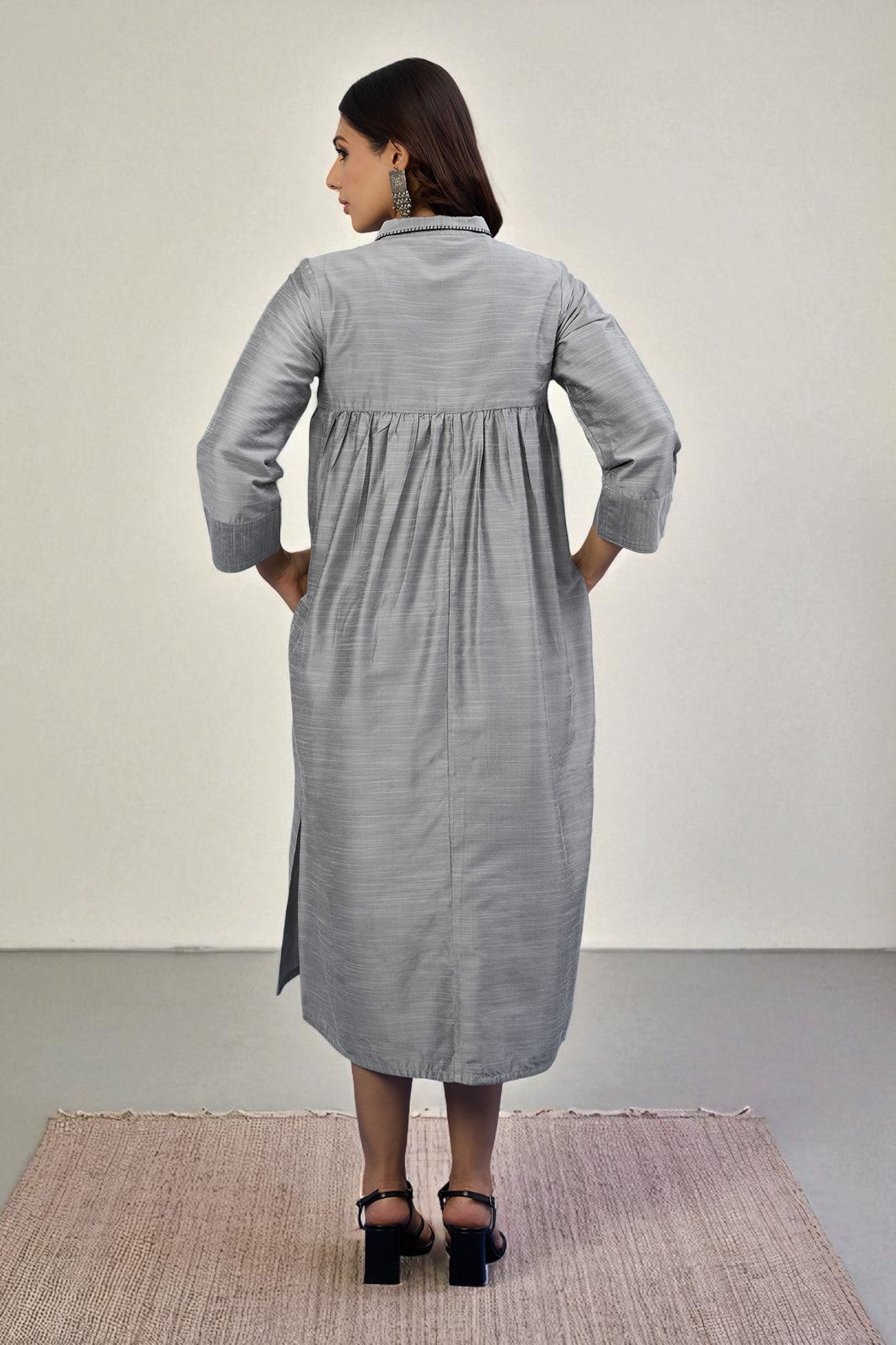 Maati Craft Gulabi Lunar Silver Cotton Silk Slub Long Shirt Dress