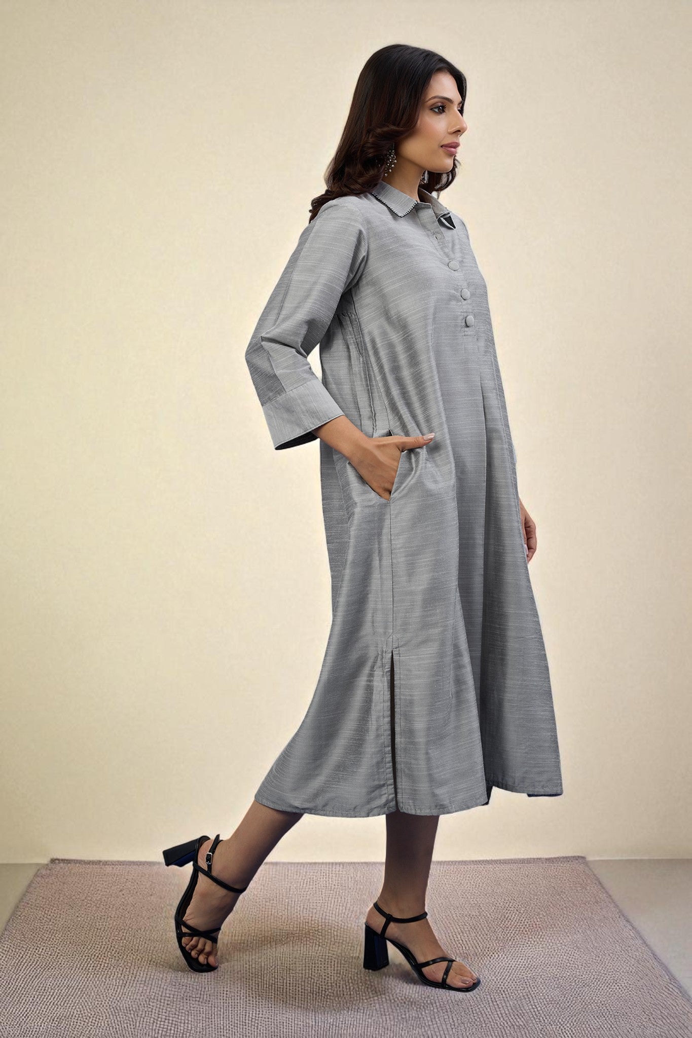 Maati Craft Gulabi Lunar Silver Cotton Silk Slub Long Shirt Dress