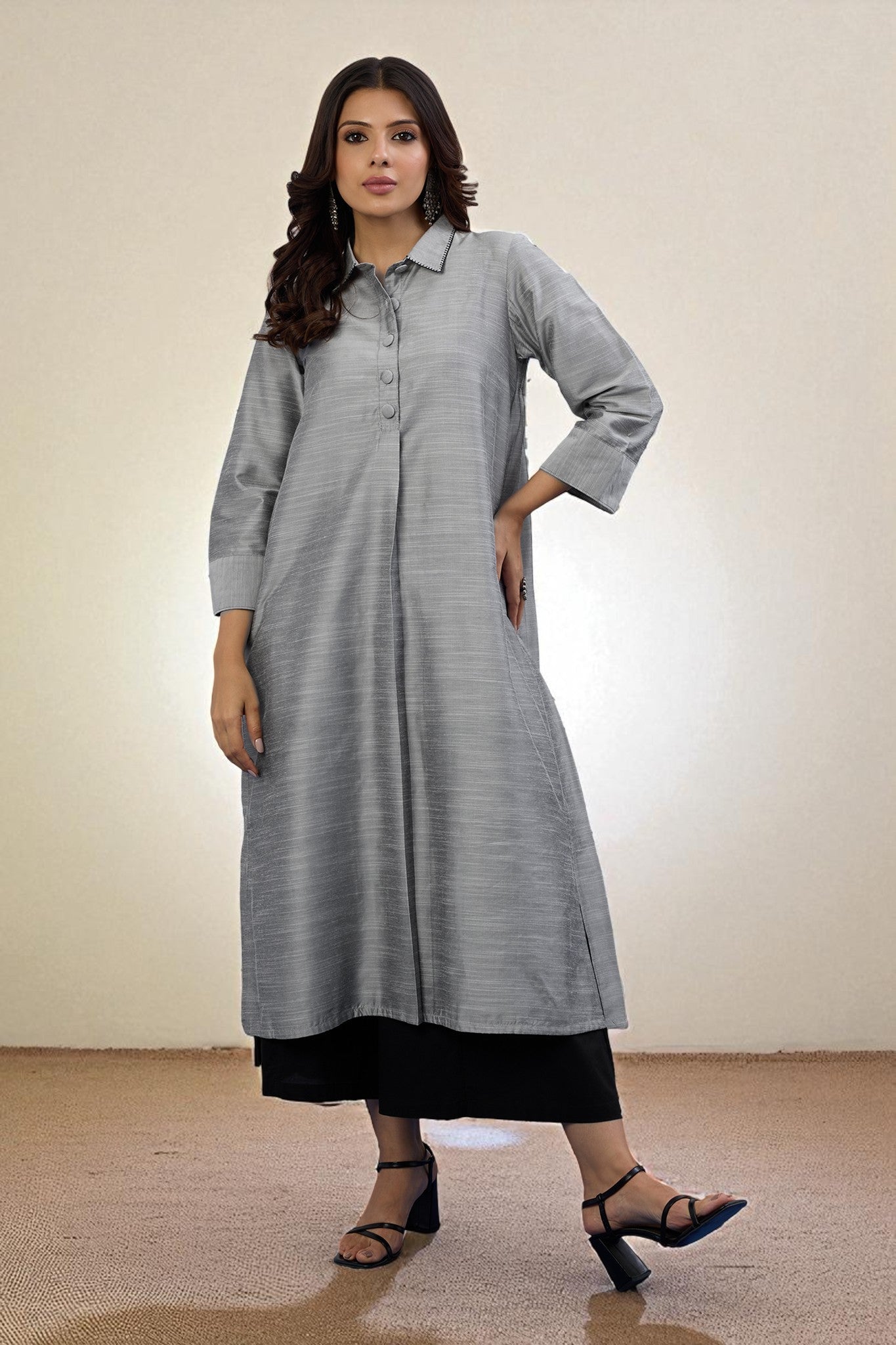 Maati Craft Gulabi Lunar Silver Cotton Silk Slub Long Shirt Dress