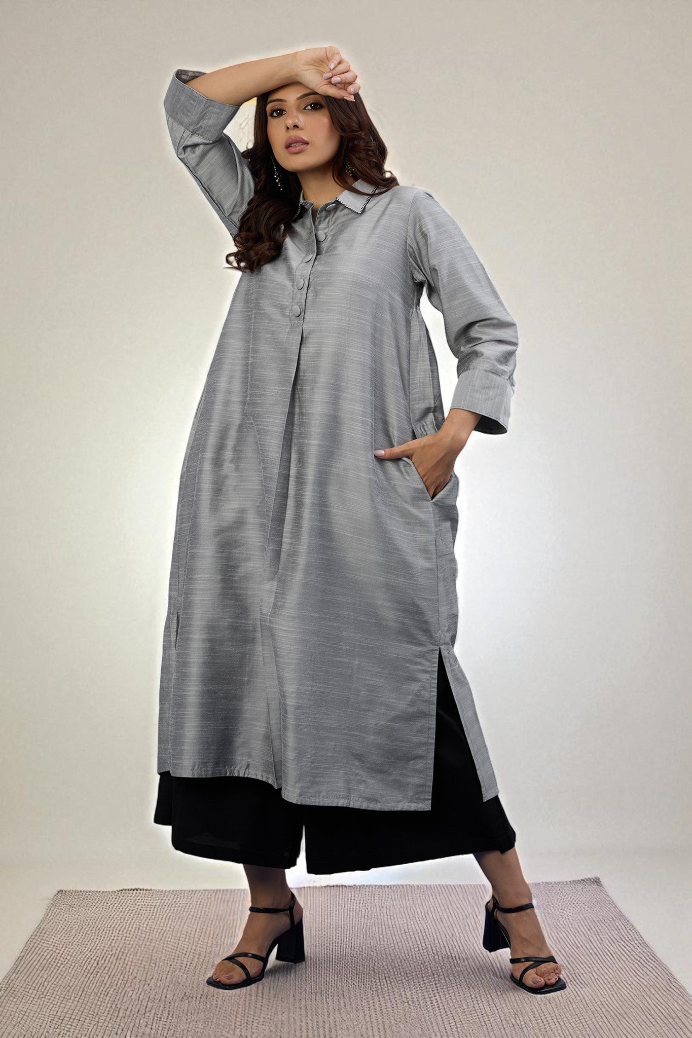 Maati Craft Gulabi Lunar Silver Cotton Silk Slub Long Shirt Dress