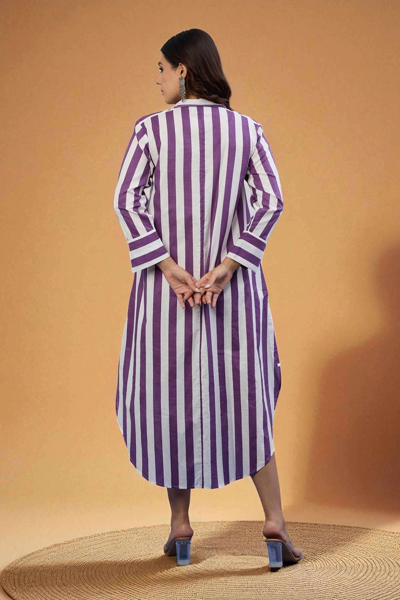 Maati Craft Gulabi Lavender Line Long Cotton Shirt Dress
