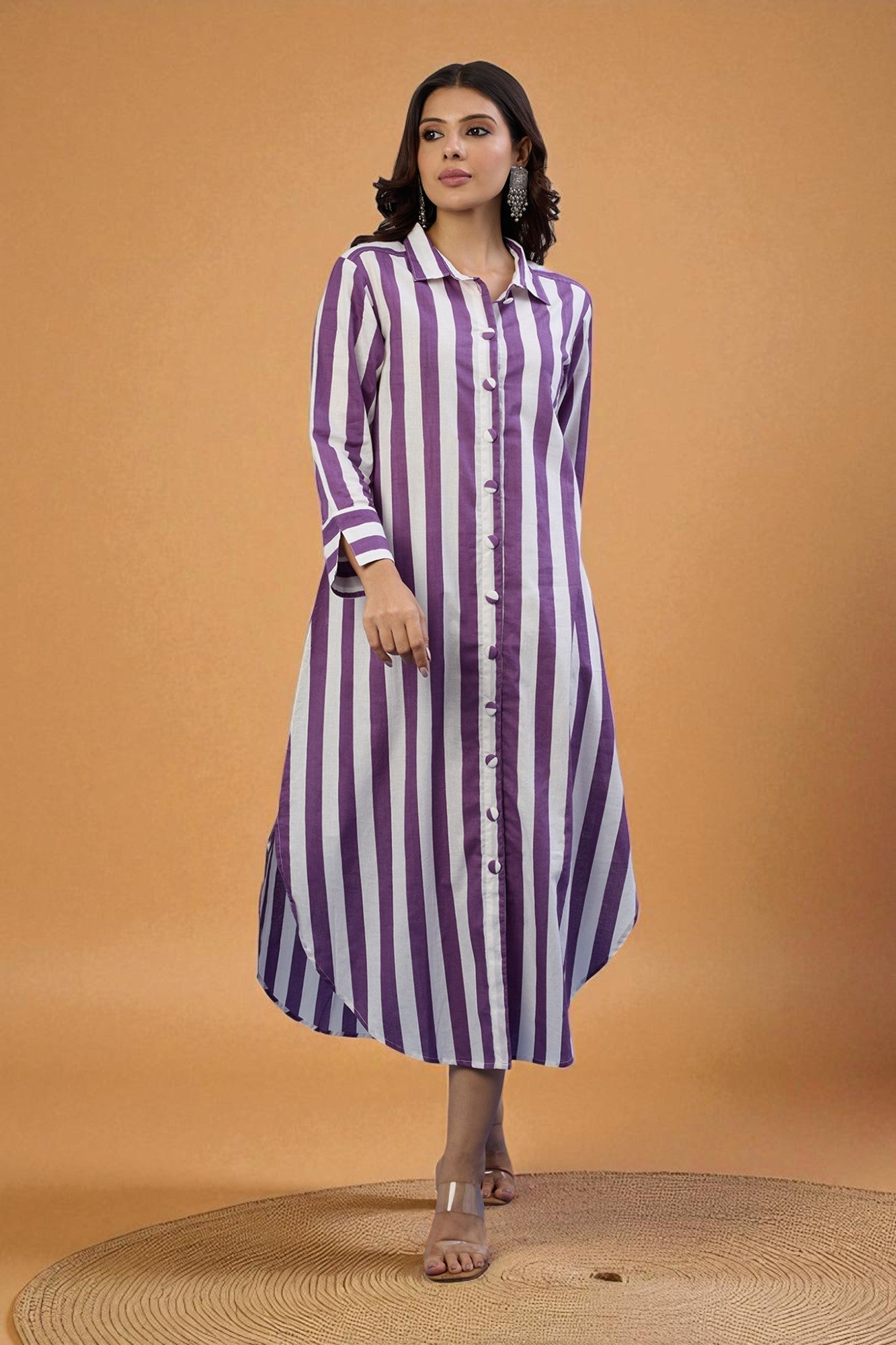 Maati Craft Gulabi Lavender Line Long Cotton Shirt Dress