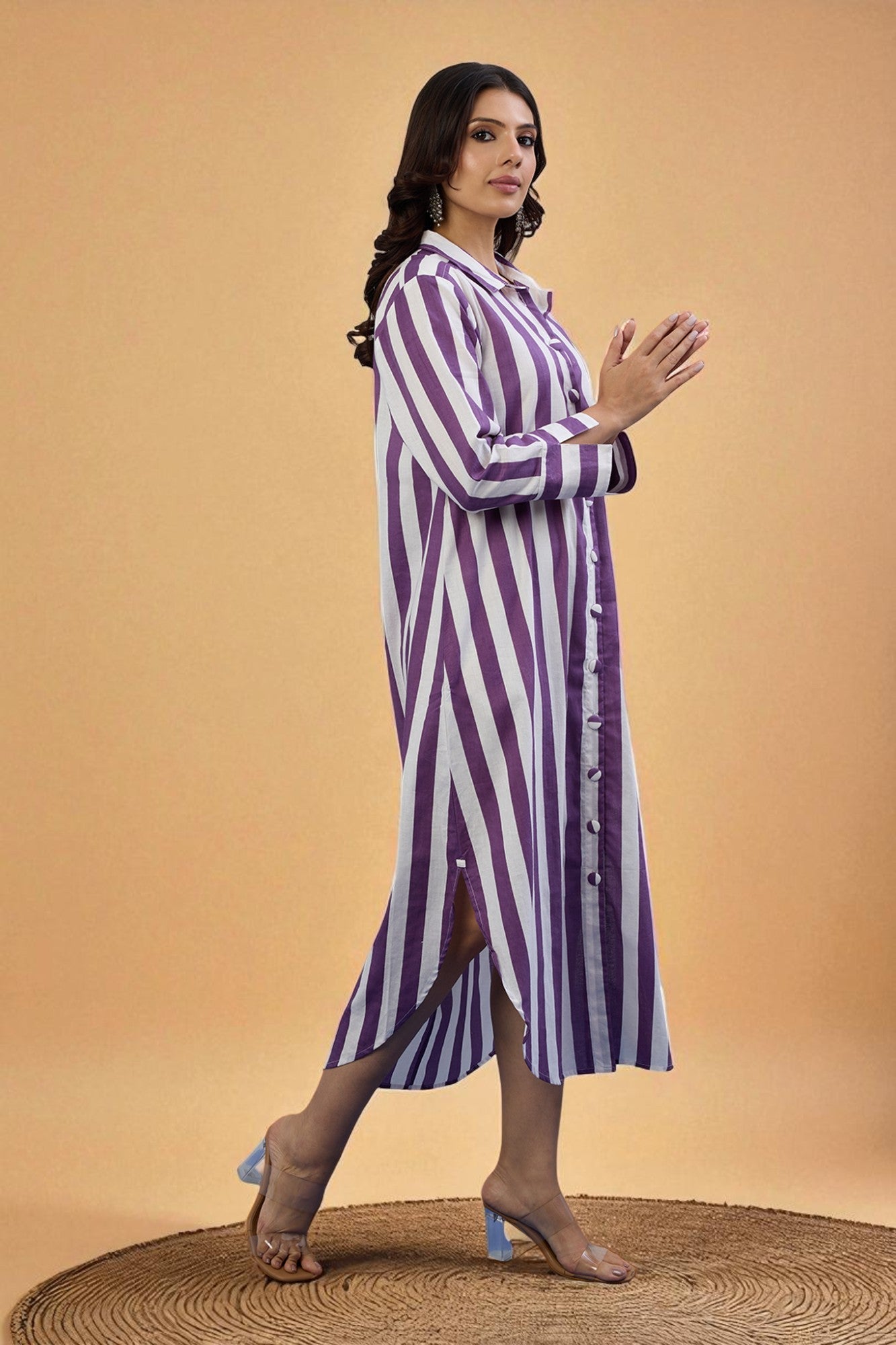 Maati Craft Gulabi Lavender Line Long Cotton Shirt Dress