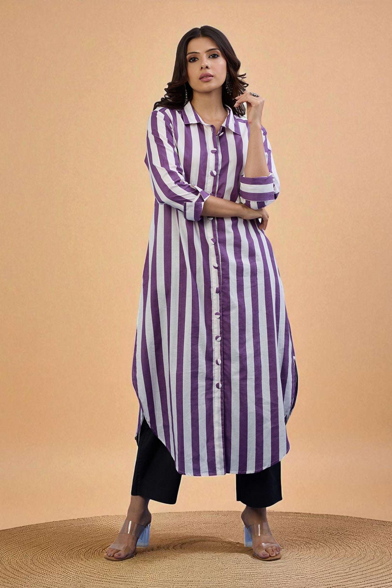 Maati Craft Gulabi Lavender Line Long Cotton Shirt Dress
