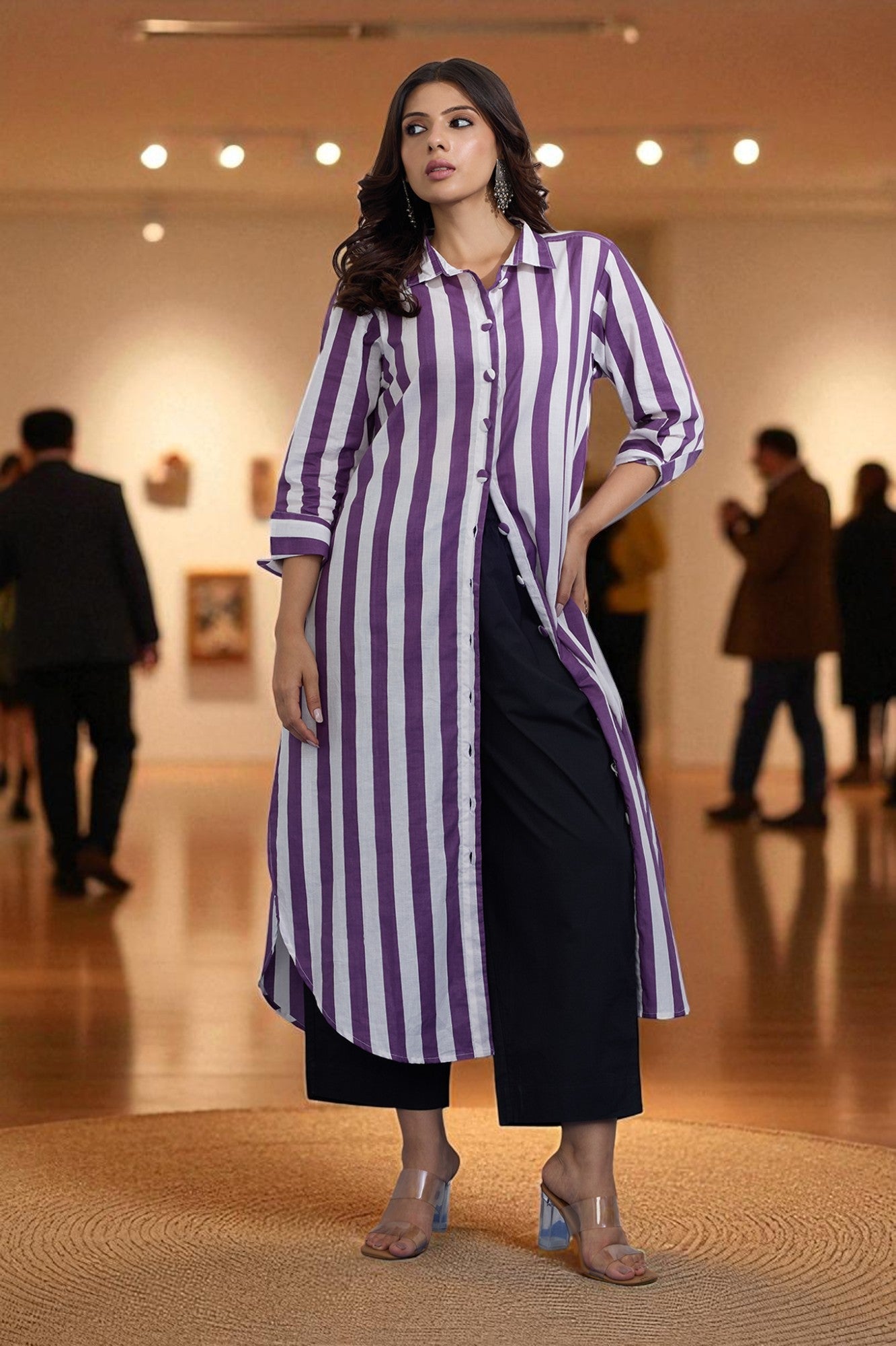Maati Craft Gulabi Lavender Line Long Cotton Shirt Dress