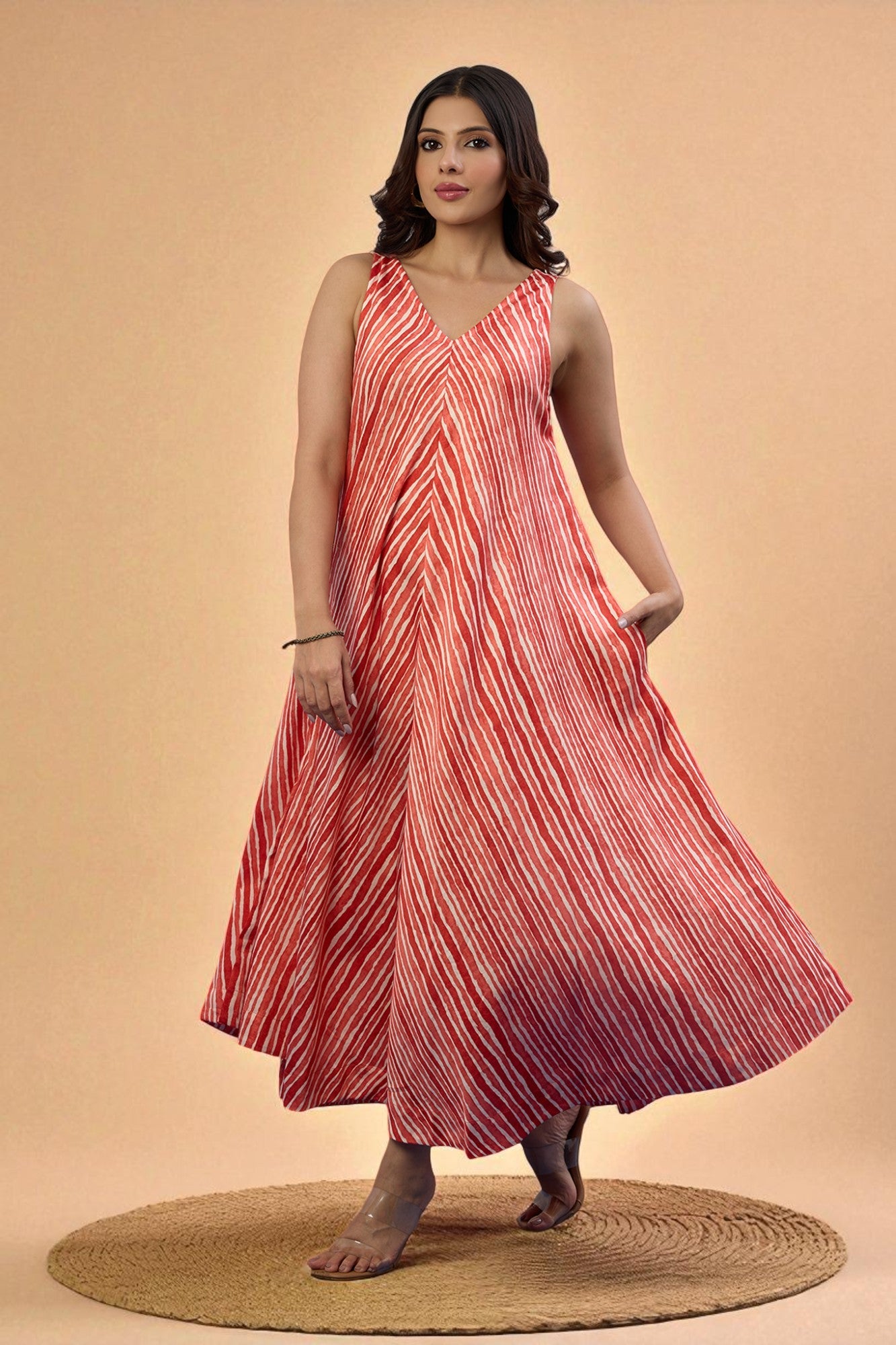 Maati Craft Gulabi Citrus Stripe Sleeveless Strap Satin Cotton Flared Bias Dress