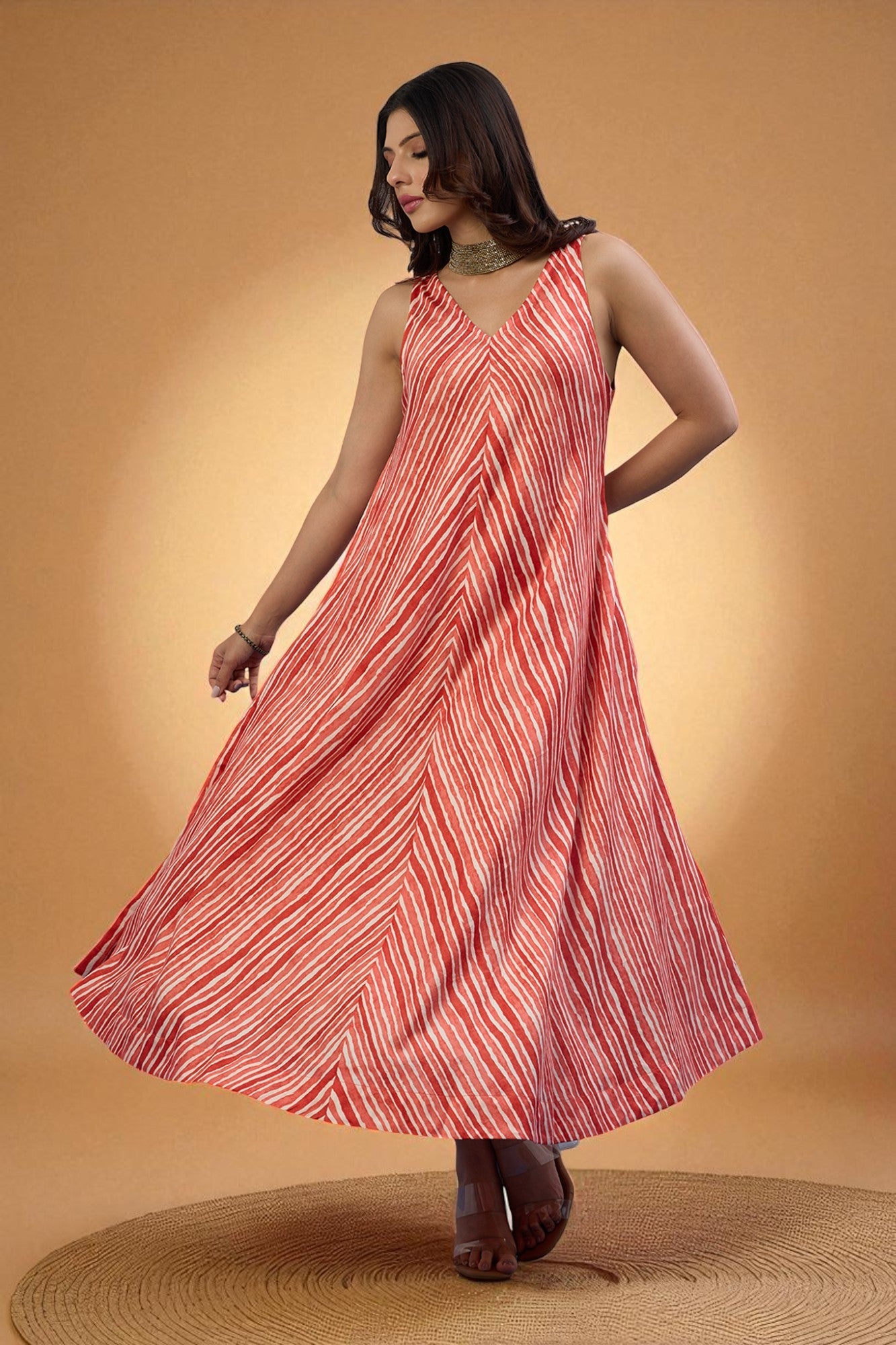 Maati Craft Gulabi Citrus Stripe Sleeveless Strap Satin Cotton Flared Bias Dress