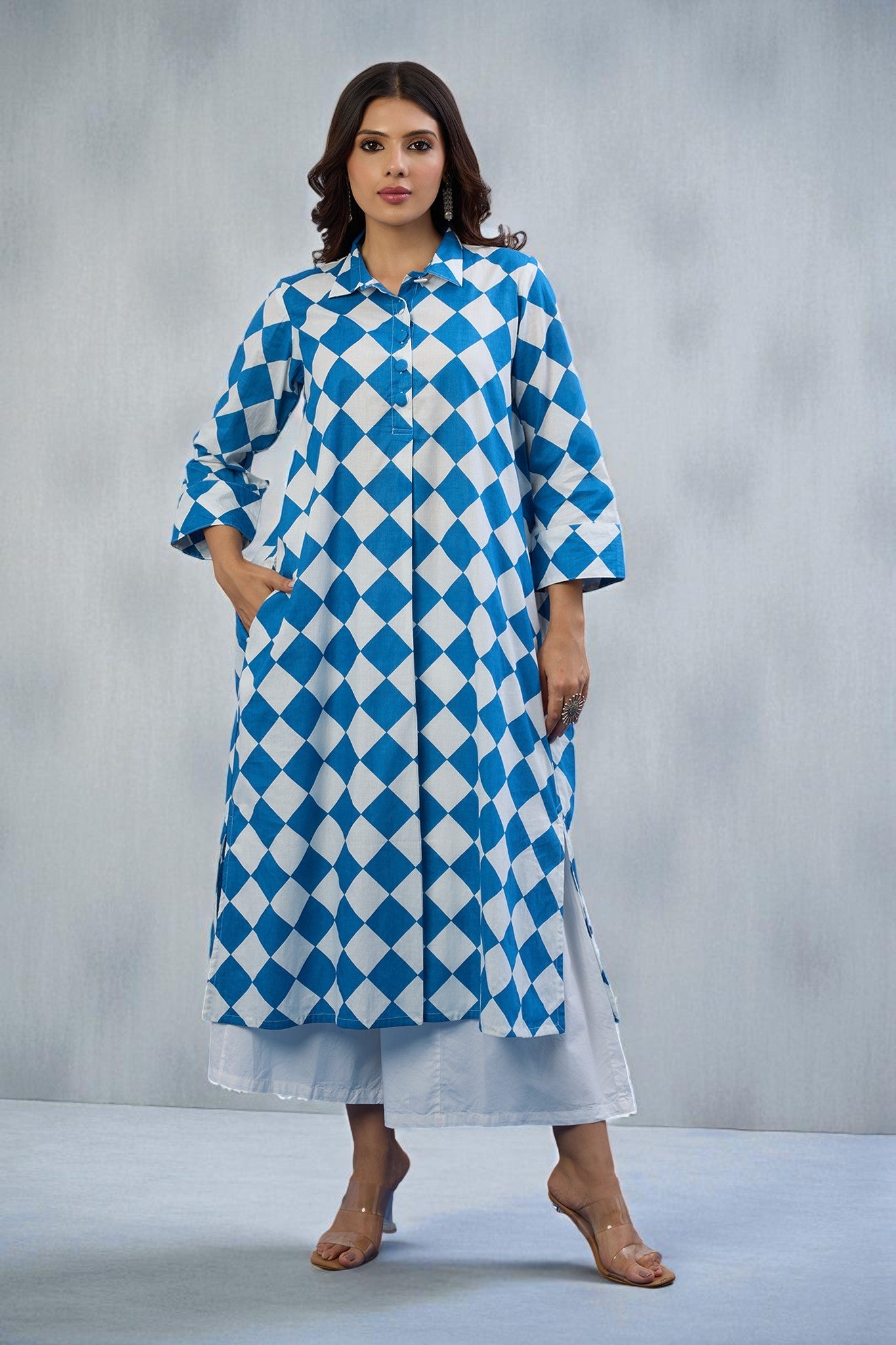 Maati Craft Gulabi Arctic Diamond Cotton Long Shirt Dress