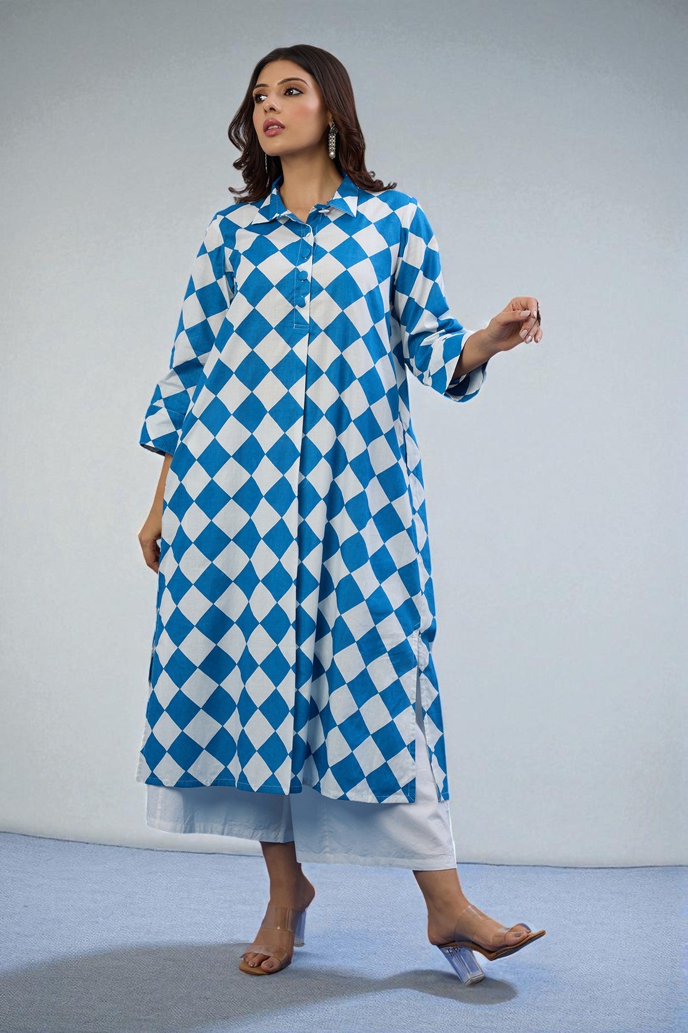 Maati Craft Gulabi Arctic Diamond Cotton Long Shirt Dress