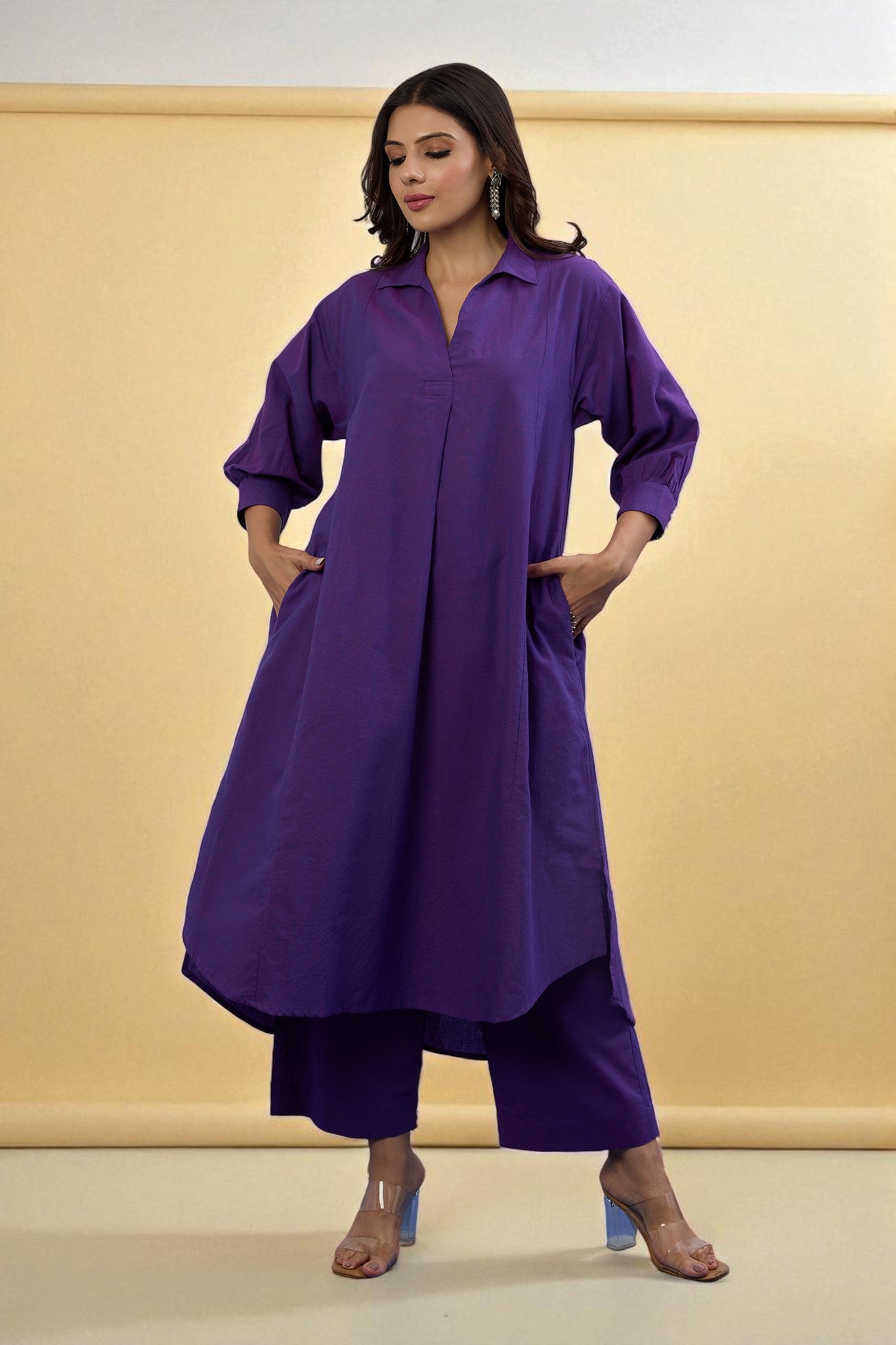 Maati Craft Gulabi Set of 2: Co-ord Set Orchid Glow Cotton Collar Box Pleat Kurta & Pants