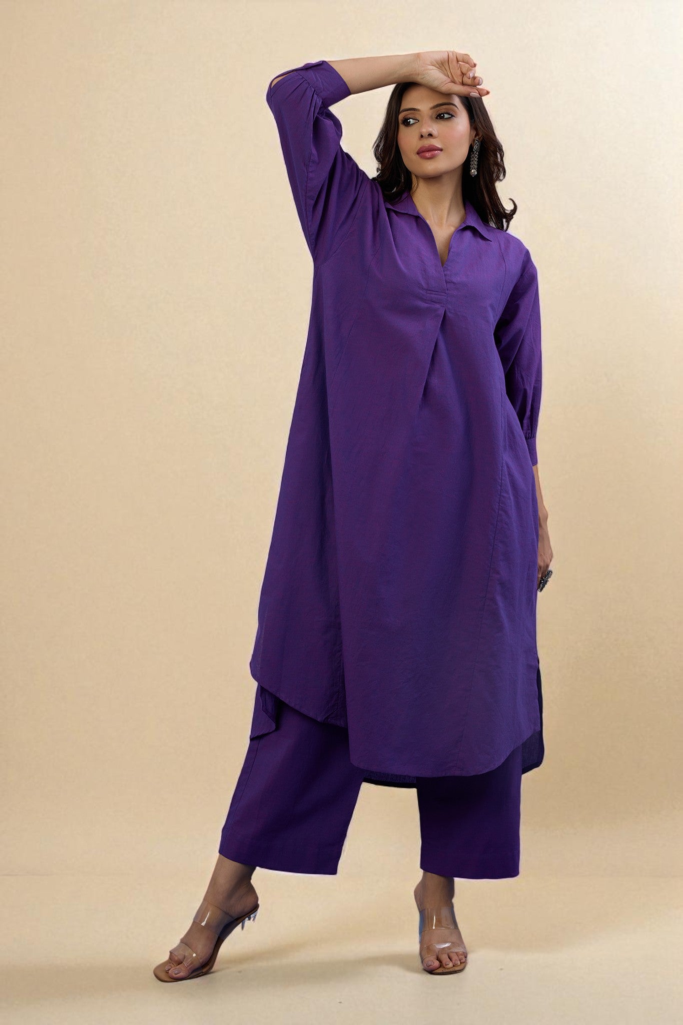 Maati Craft Gulabi Set of 2: Co-ord Set Orchid Glow Cotton Collar Box Pleat Kurta & Pants
