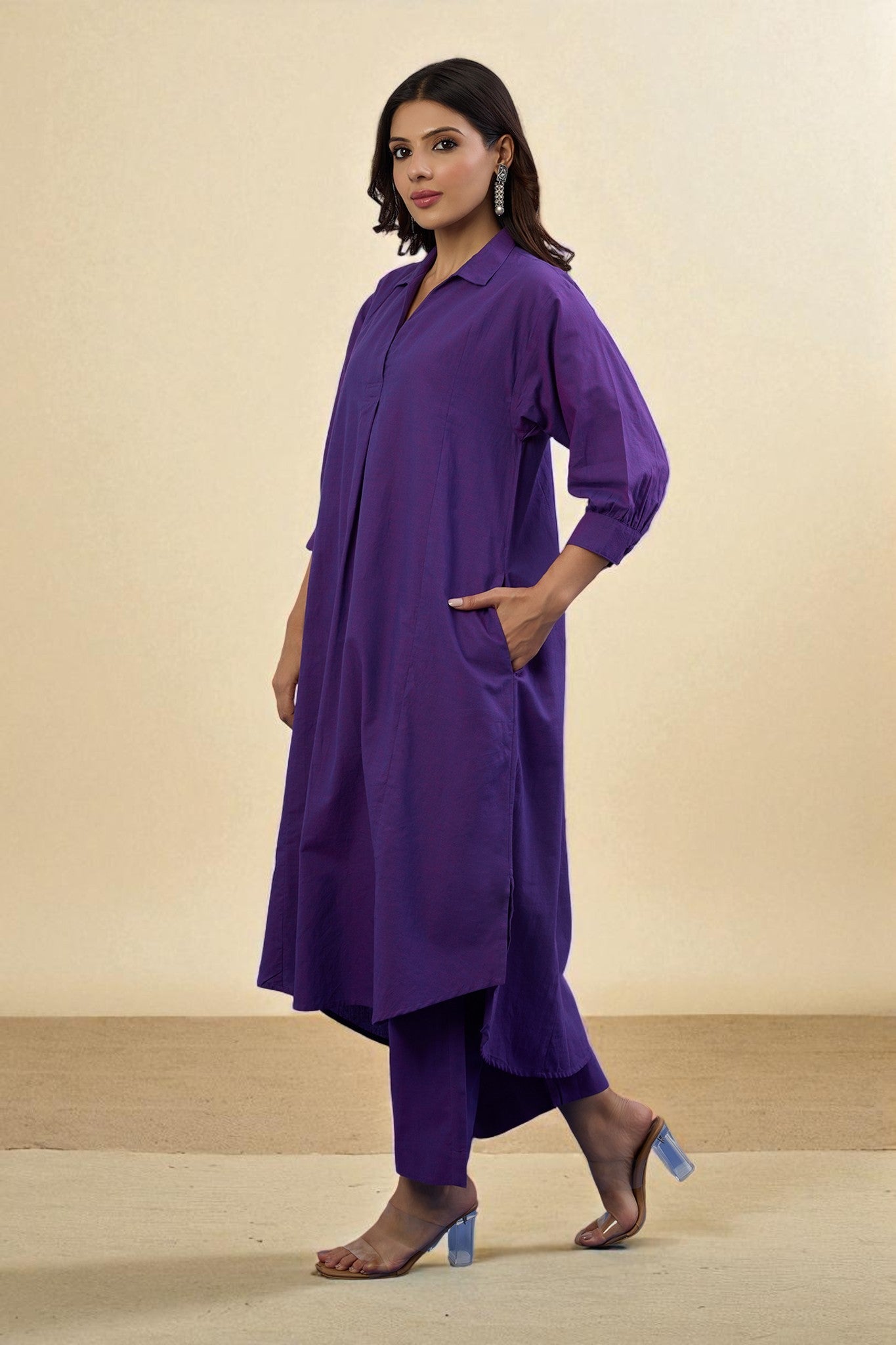 Maati Craft Gulabi Set of 2: Co-ord Set Orchid Glow Cotton Collar Box Pleat Kurta & Pants