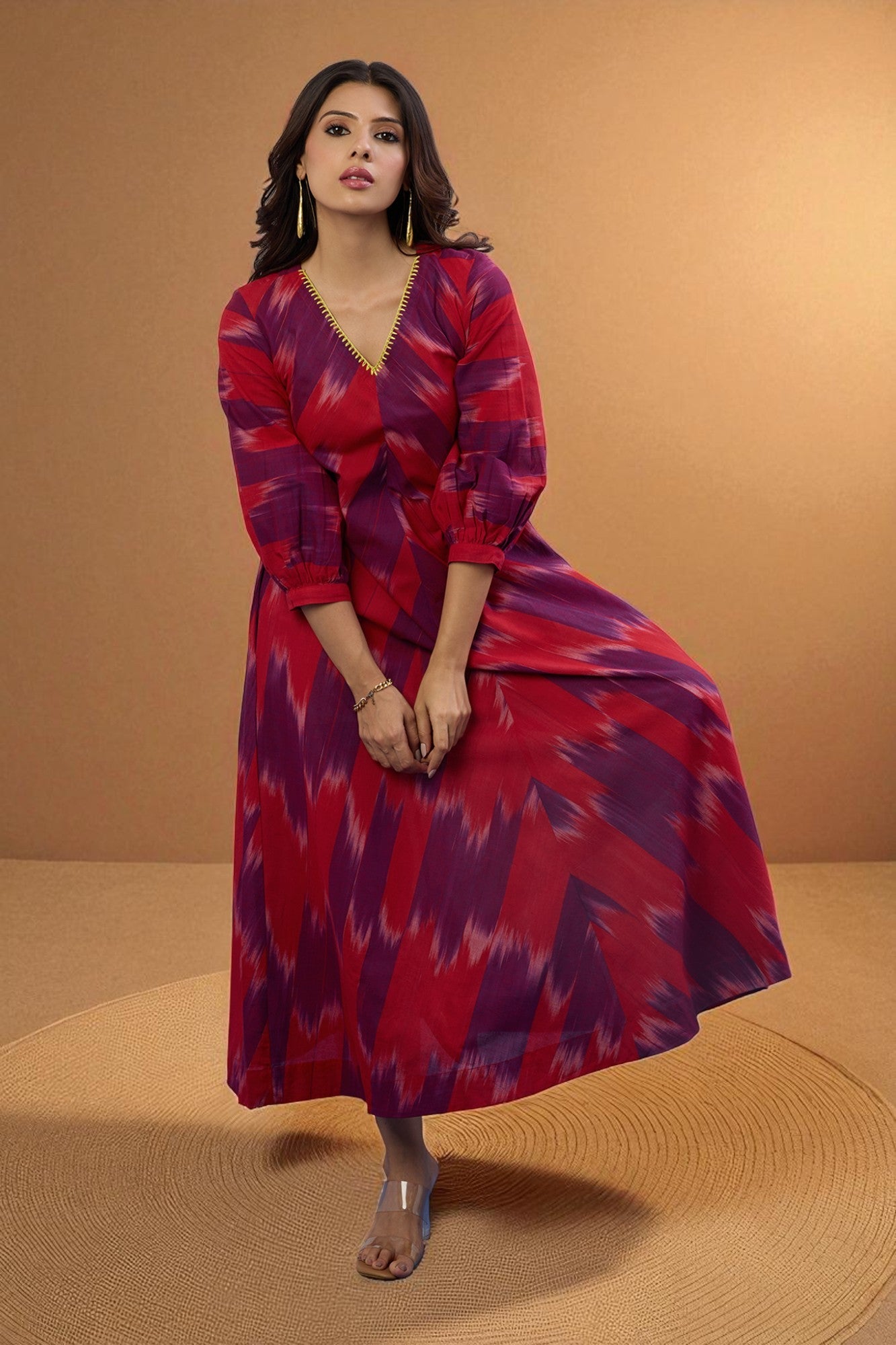 Maati Craft Gulabi Amethyst Flame V-Neck Midi Dress with Elevated Sleeves