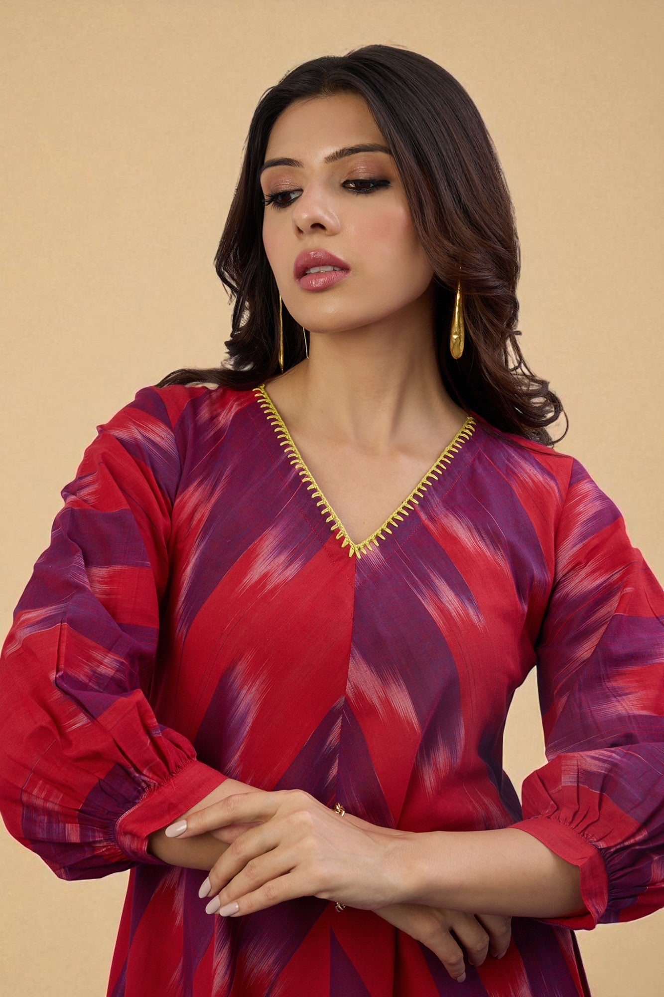 Maati Craft Gulabi Amethyst Flame V-Neck Midi Dress with Elevated Sleeves